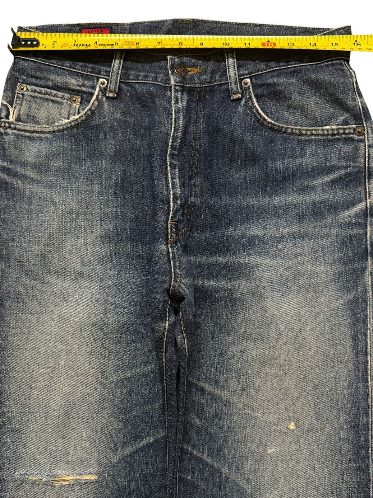 Edwin Vintage 90s Edwin 503 Blue Wash Whiskers Distressed Wide Leg Size US 31 - 10 Thumbnail