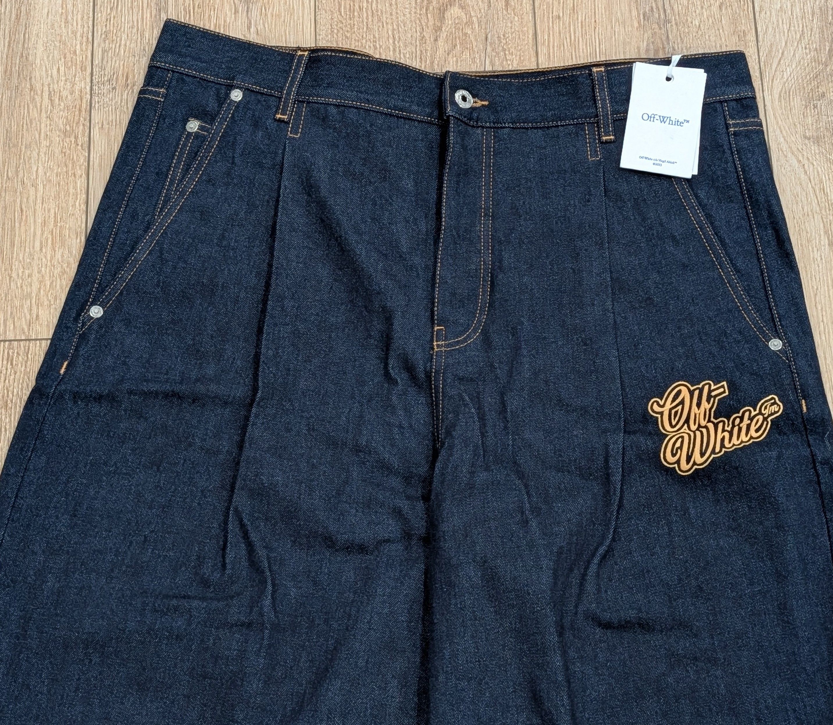 Off-White OFF-WHITE 90s Logo Baggy Jeans Raw Blue/Gold 36 Size US 36 / EU 52 - 2 Thumbnail