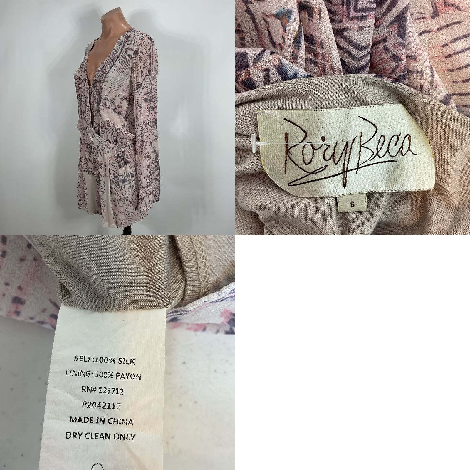 Bell Rory Beca Womens Romper Jumpsuit 0 Pink 100% Silk Geometric V-Neck 3/4 Bell Sleeve One-Piece Size 25" / US 0 / IT 36 - 8 Thumbnail