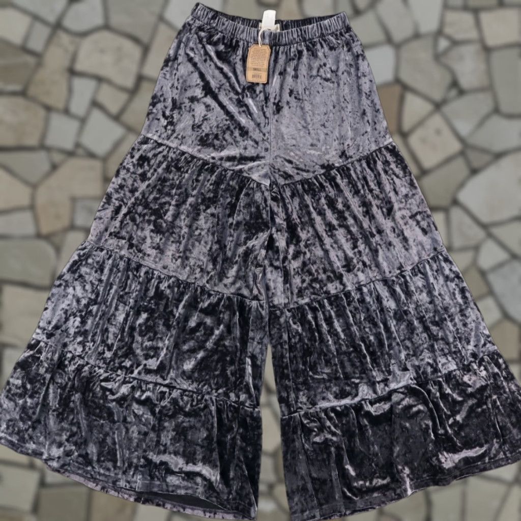 Vintage Natural Life Stretch Velvet Wide Leg Pants Charcoal Women's S Size 28" / US 6 / IT 42 - 1 Thumbnail