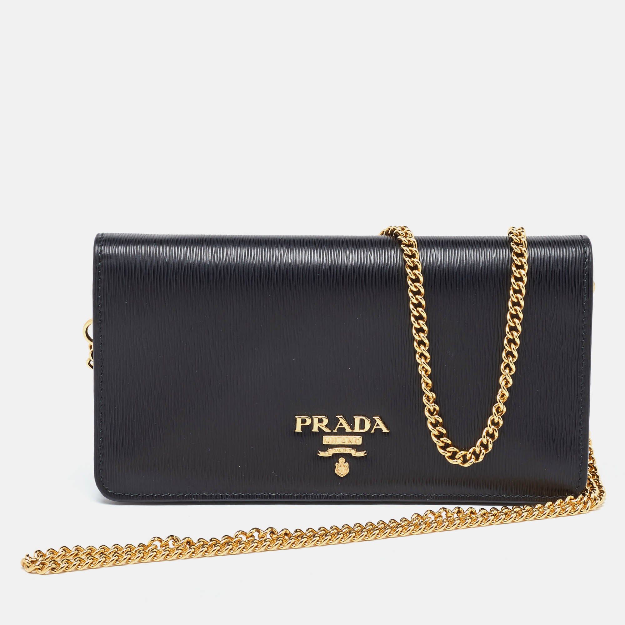 image of Prada Black Vitello Move Leather Wallet On Chain, Women's