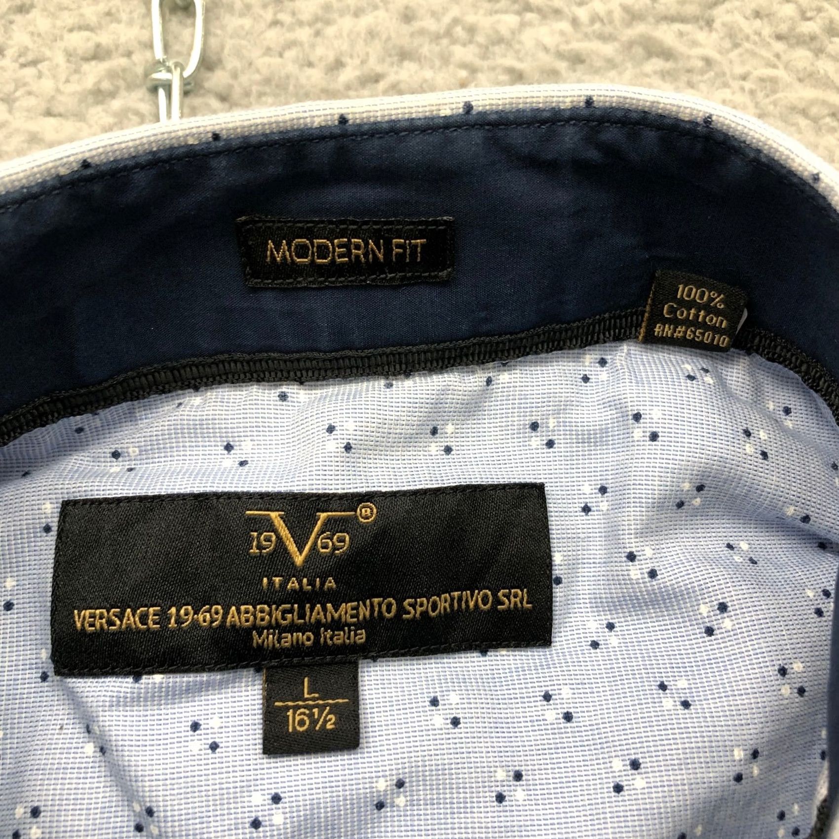 Versace VINTAGE Versace Shirt Dot 1969 16.5 Long Sleeve Button-Down Blue Black Logo Mens L Size 42R - 3 Thumbnail