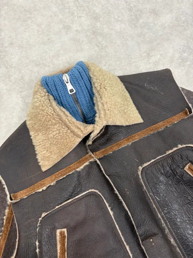 Dsquared2 FW2002 Dsquared2 Brown Leather & Blue Wool Layered Sherling Jacket Size US S / EU 44-46 / 1 - 6 Thumbnail