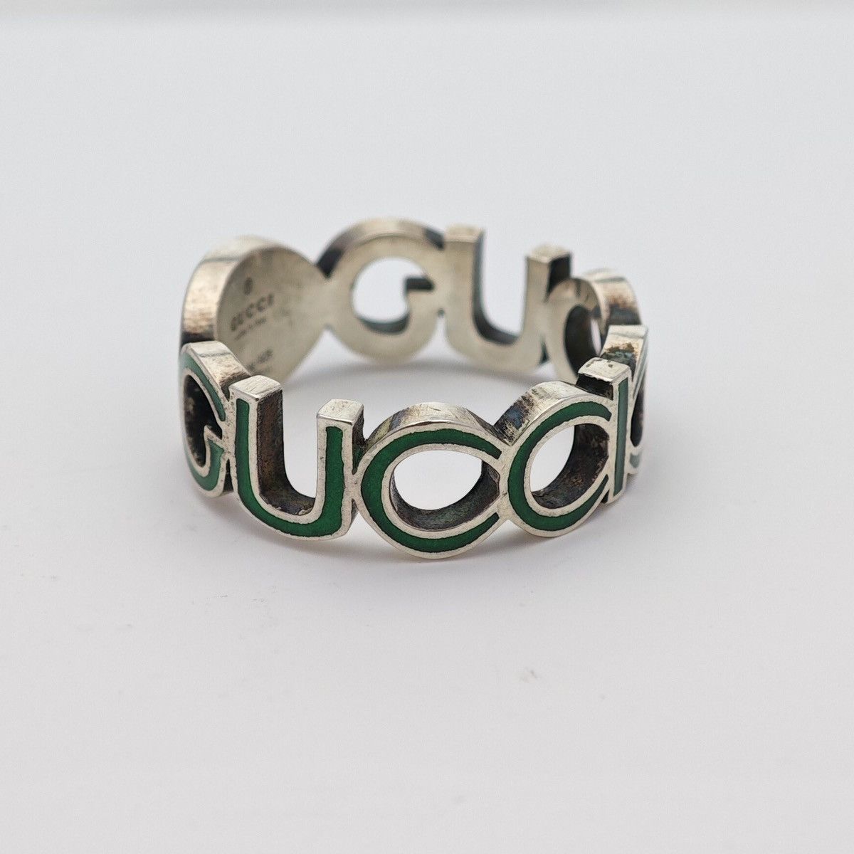 Gucci Interlocking G Sterling Silver Green Enamel Cut-Out Ring Size ONE SIZE - 3 Thumbnail