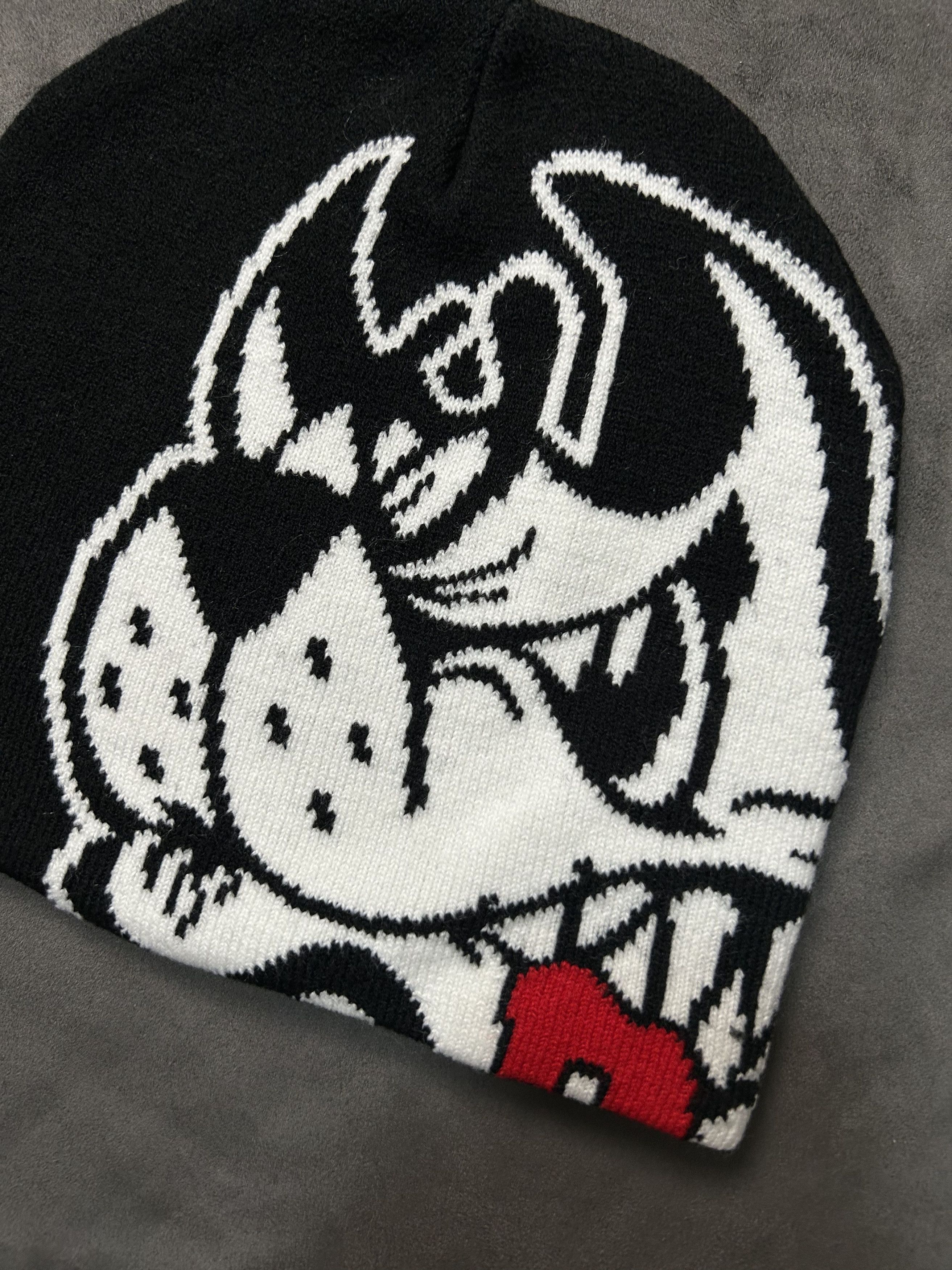 Japanese Brand Angry Wolf Graphic Graphic No Cuff Knit Beanie Black Hat OS Size ONE SIZE - 2 Thumbnail
