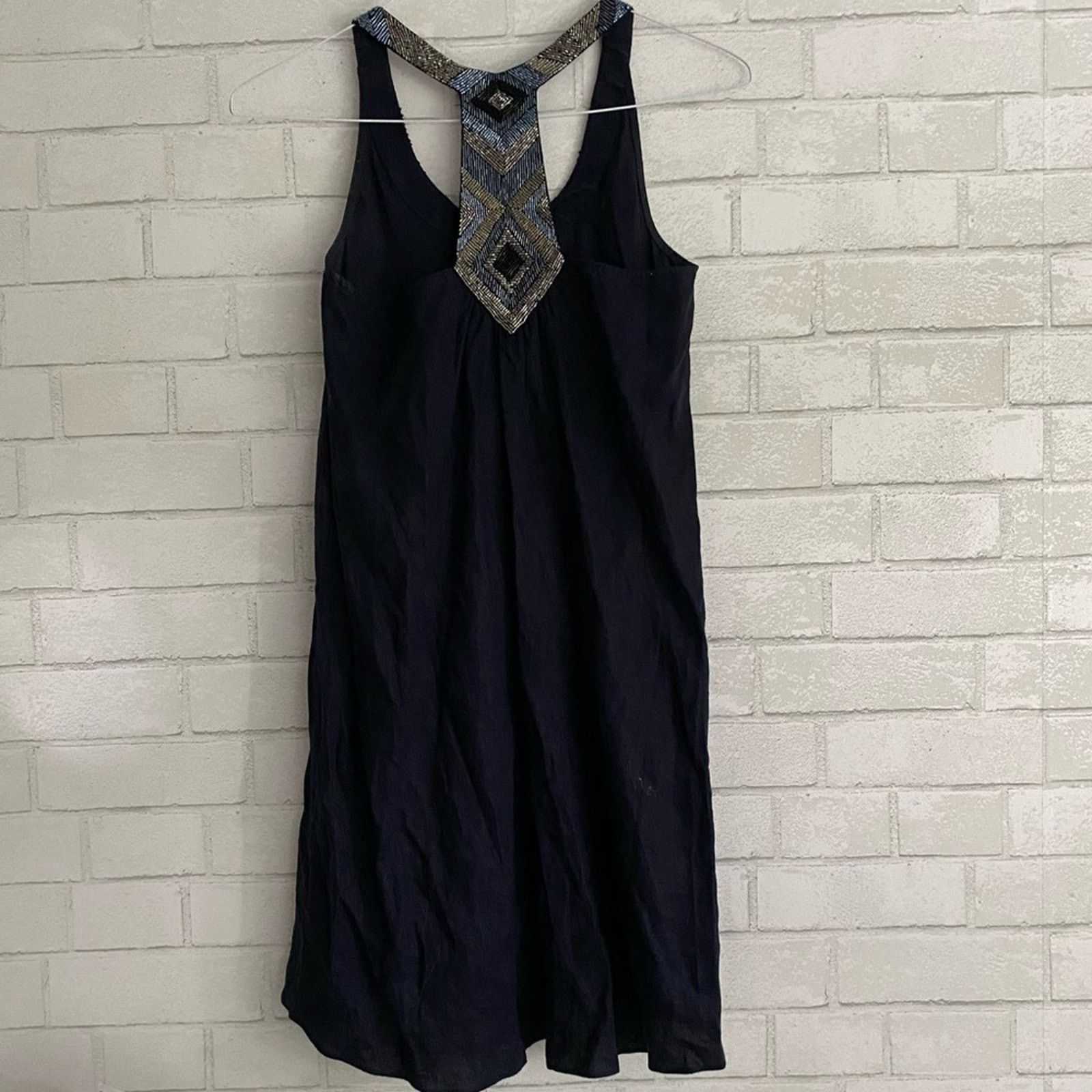 Calypso St Barth Navy Blue Linen Sequin Neck Tank Dress XS