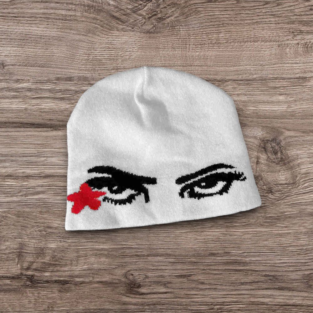 The Unbranded Brand Y2K Opium ALT Grunge Eye Beanie | Skater Punk White Cap Size ONE SIZE - 1 Preview
