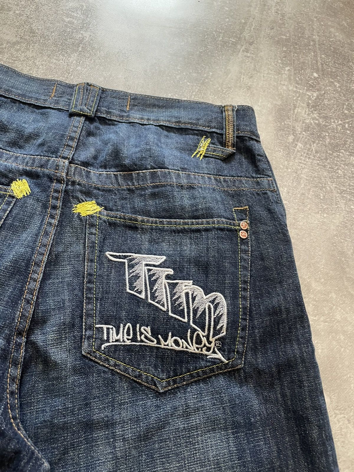 Time is Money Embroidered Logo Jnco Style Baggy Denim Shorts