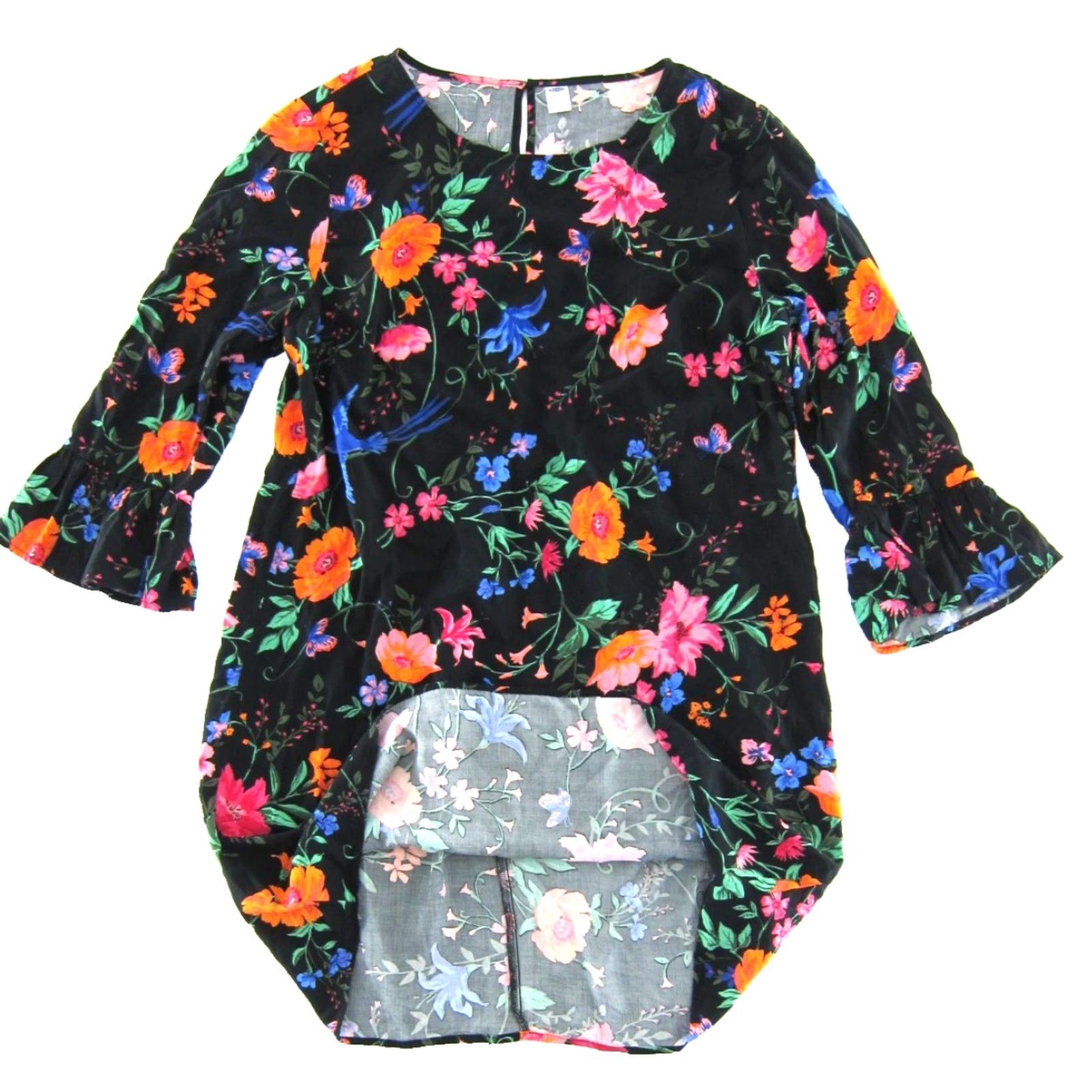 Old Navy Tunic Dress L - Floral Butterfly 100% Rayon Long Sleeve Shirt Dress  - Black