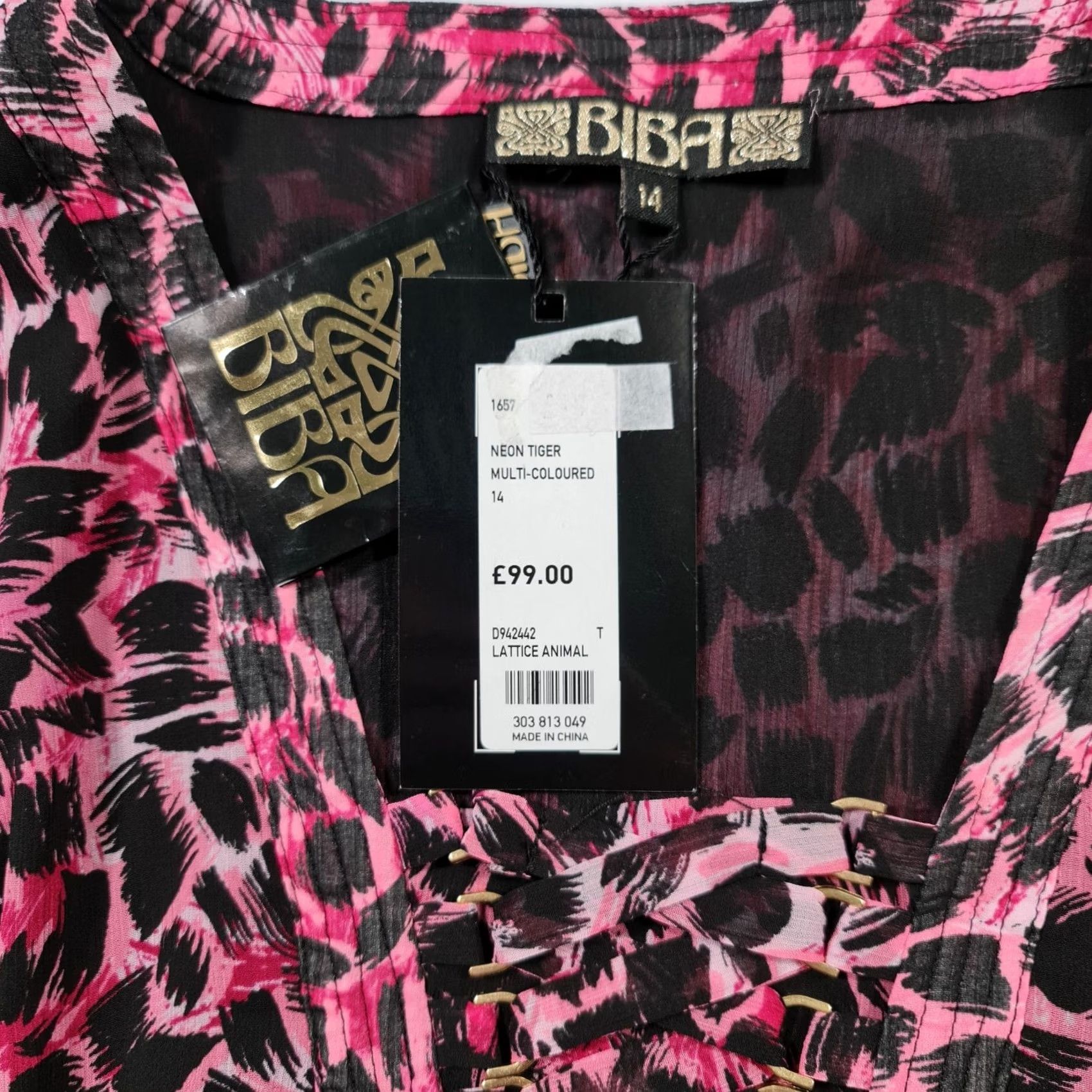 Vintage Biba Womens Midi Dress Pink 14 UK Long Sleeve Tiger Animal Print A-Line Dress Ladies Size XL / US 12-14 / IT 48-50 - 5 Thumbnail