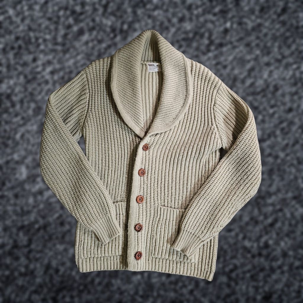 Vintage VINTAGE Montgomery Ward Cable Knit Shawl Collar Button-Up Cardigan Sweater M Ivory 1970s Grunge Mens Size US M / EU 48-50 / 2 - 1 Thumbnail