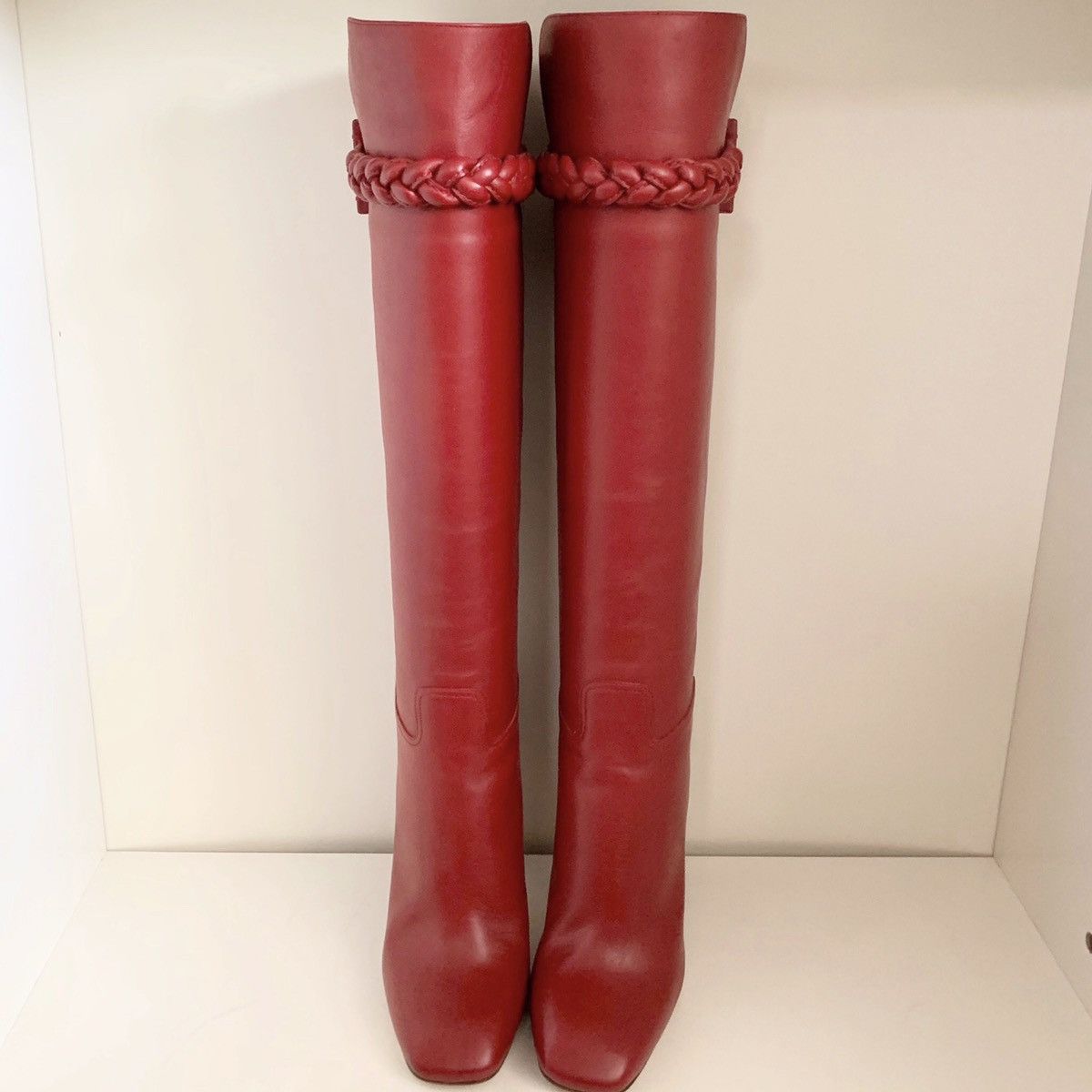 Red calfskin knee boots