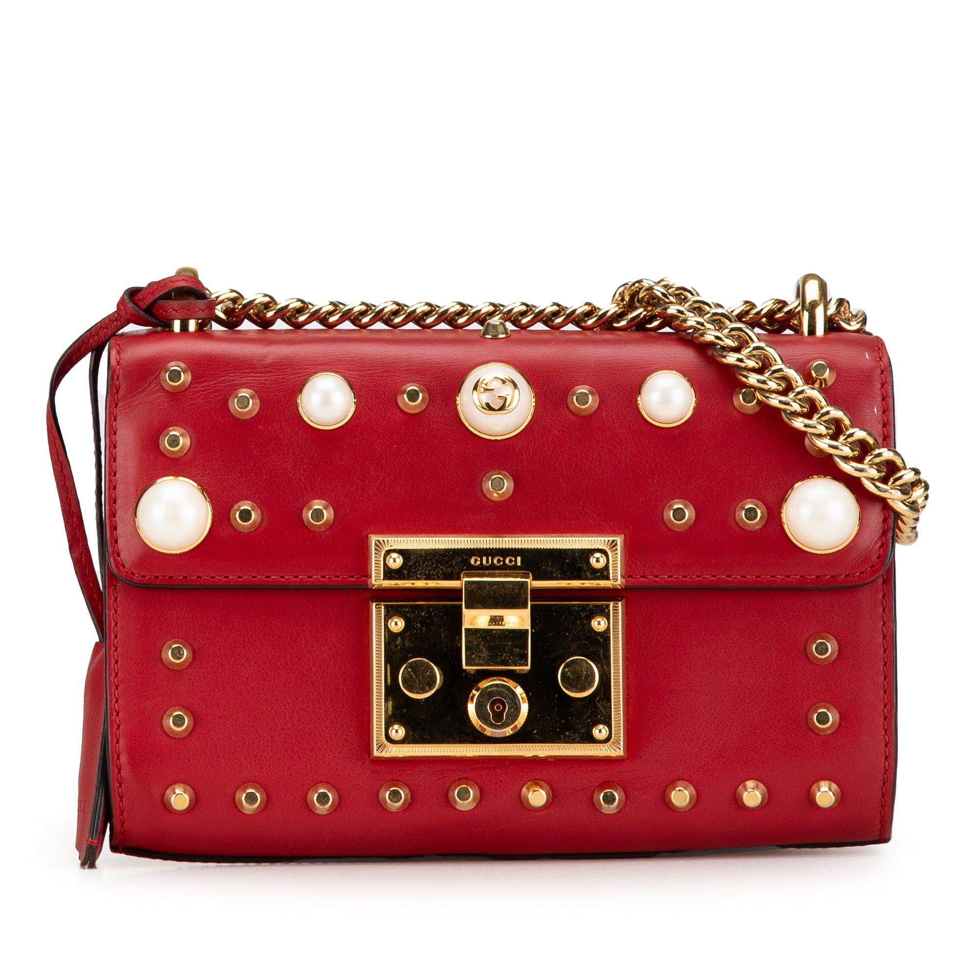 Gucci Gucci Small Pearl Studded Leather Padlock Crossbody Red Size ONE SIZE - 1 Thumbnail