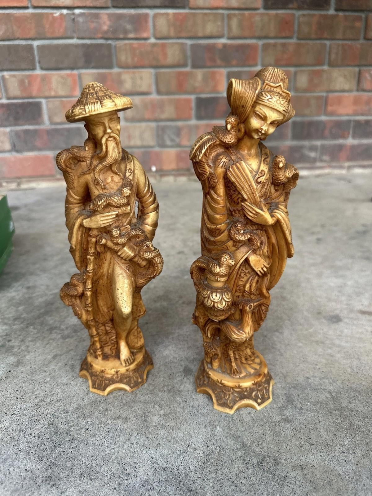 Vintage Hand Carved Wooden Asian Statues Mid Century