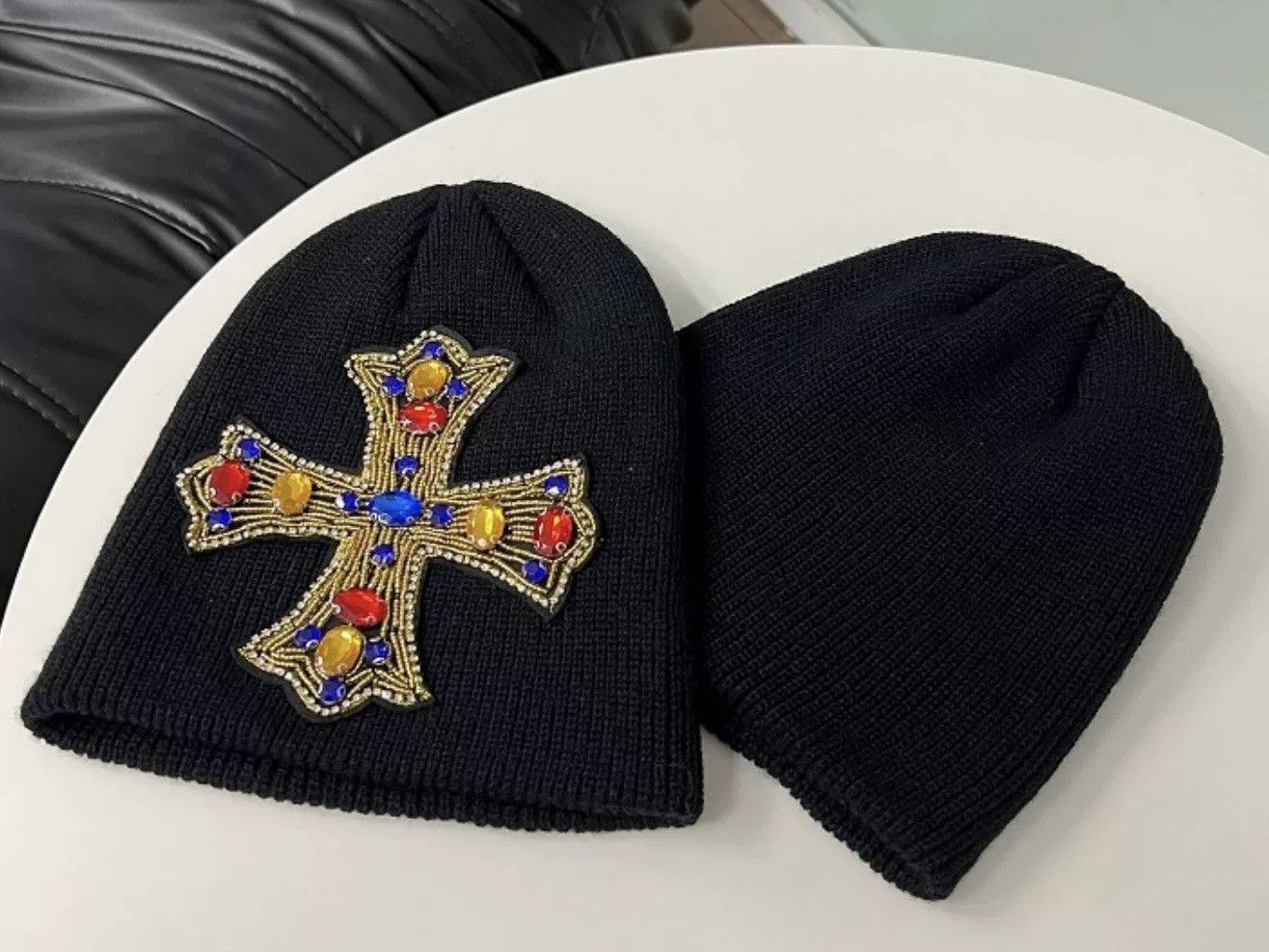 Japanese Brand Avant garde retro huge rhinestone cross knitted beanie hat Size ONE SIZE - 2 Thumbnail