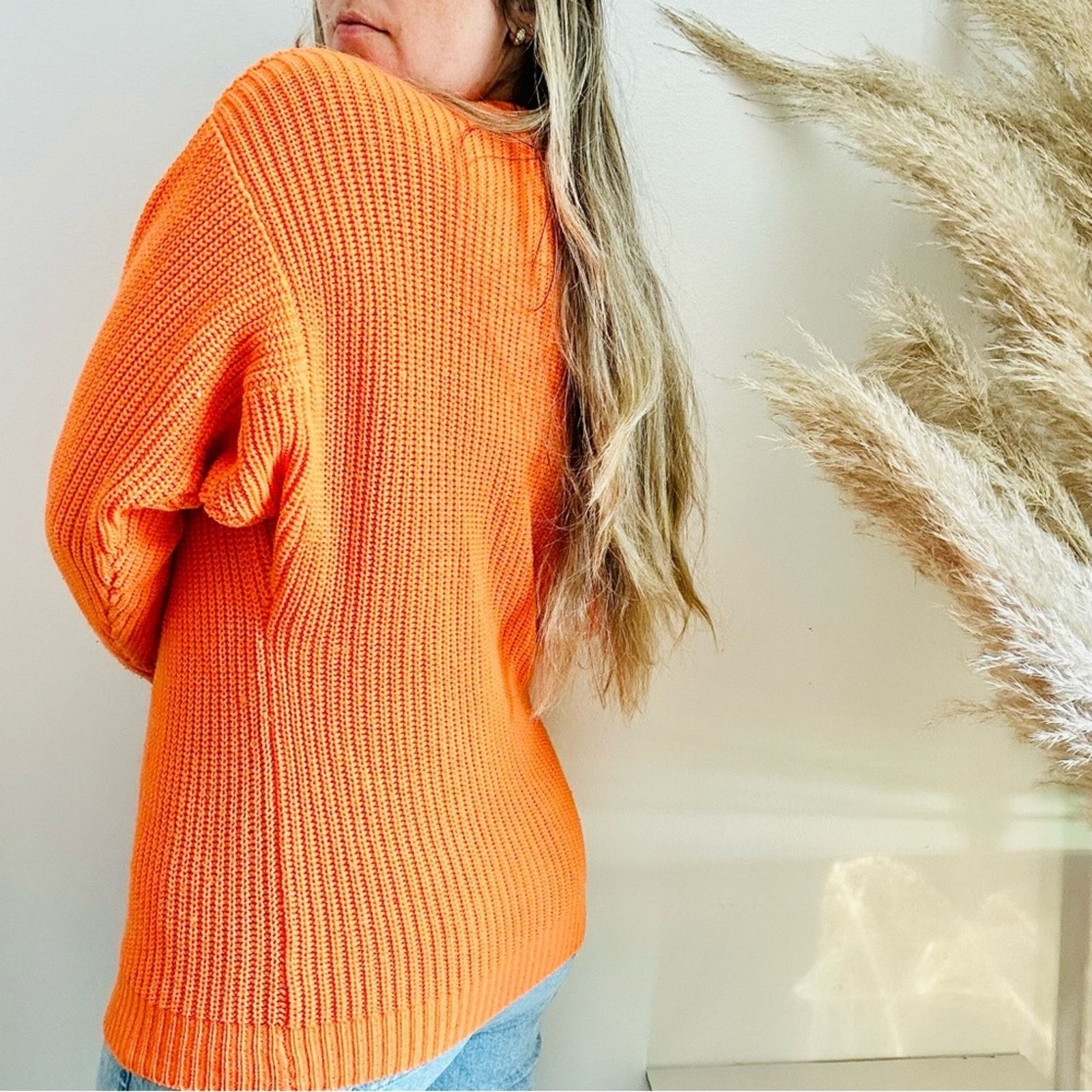 Express EXPRESS Neon Orange Chunky Knit Tunic Pullover Crew Sweater Size M / US 6-8 / IT 42-44 - 7 Thumbnail