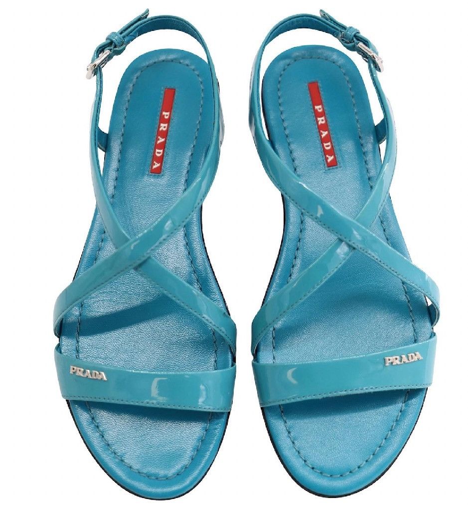 Prada Prada Turquoise Patent Leather Sandals Size US 11.5 / IT 41.5 - 1 Thumbnail