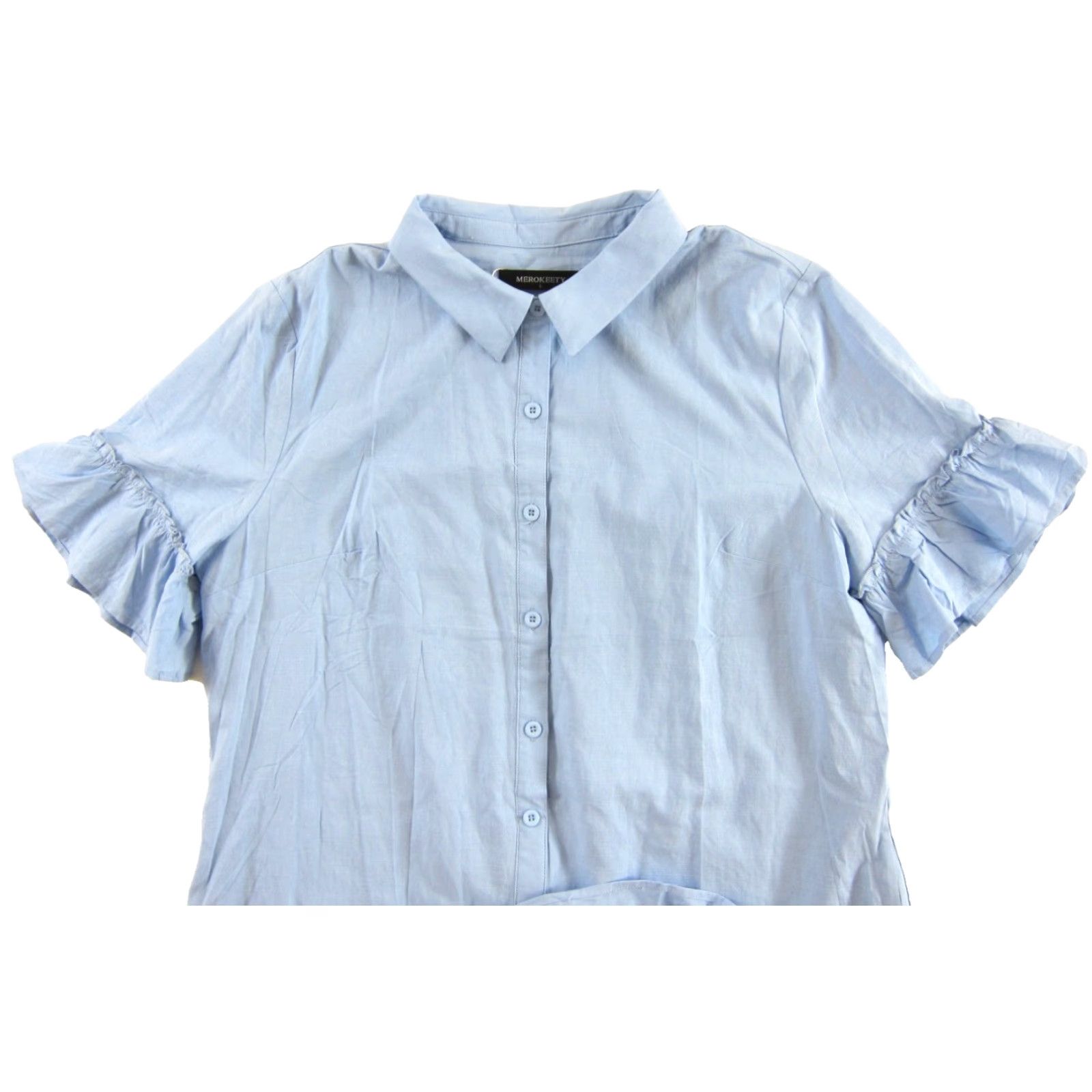 Vintage NWT Merokeety Light Blue Short Ruffle Sleeve Pocket Button Down Shirt Dress L Size L / US 10 / IT 46 - 4 Thumbnail