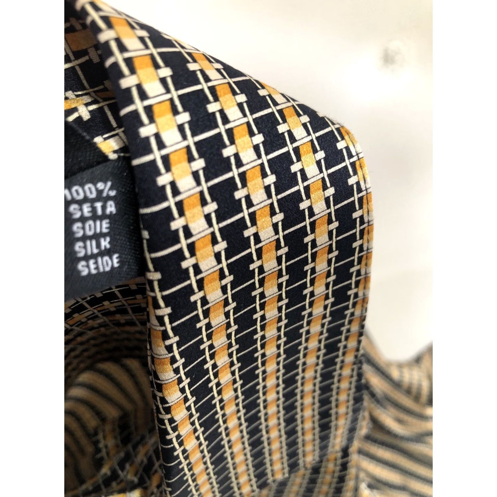 Vintage BERNINI PLATINUM Silk Geometric Stripe S Shirt Mens Long Sleeve Button-Up Black / Gold / Beige Size US S / EU 44-46 / 1 - 7 Thumbnail