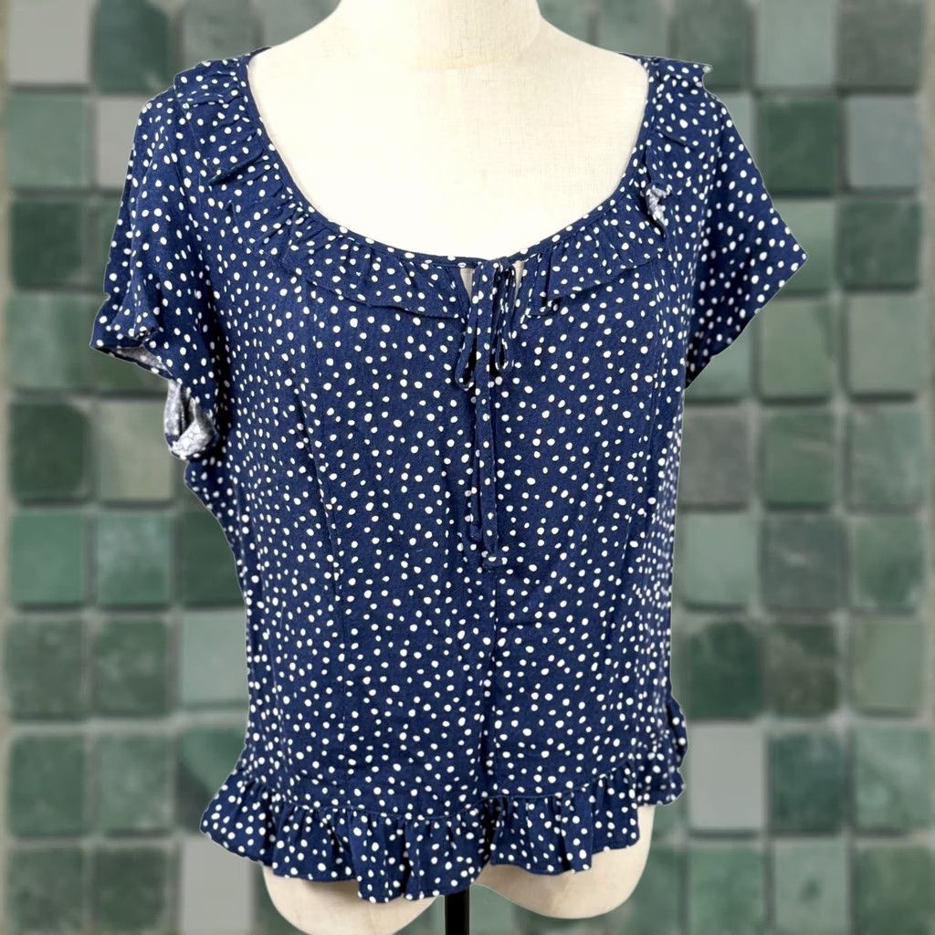 Vintage A. Byer Blouse Navy Polka Dot Ruffle Smocked Rockabilly Retro Nautical Womens XL Casual Shirt Size XXL / US 16-18 / IT 52-54 - 1 Thumbnail