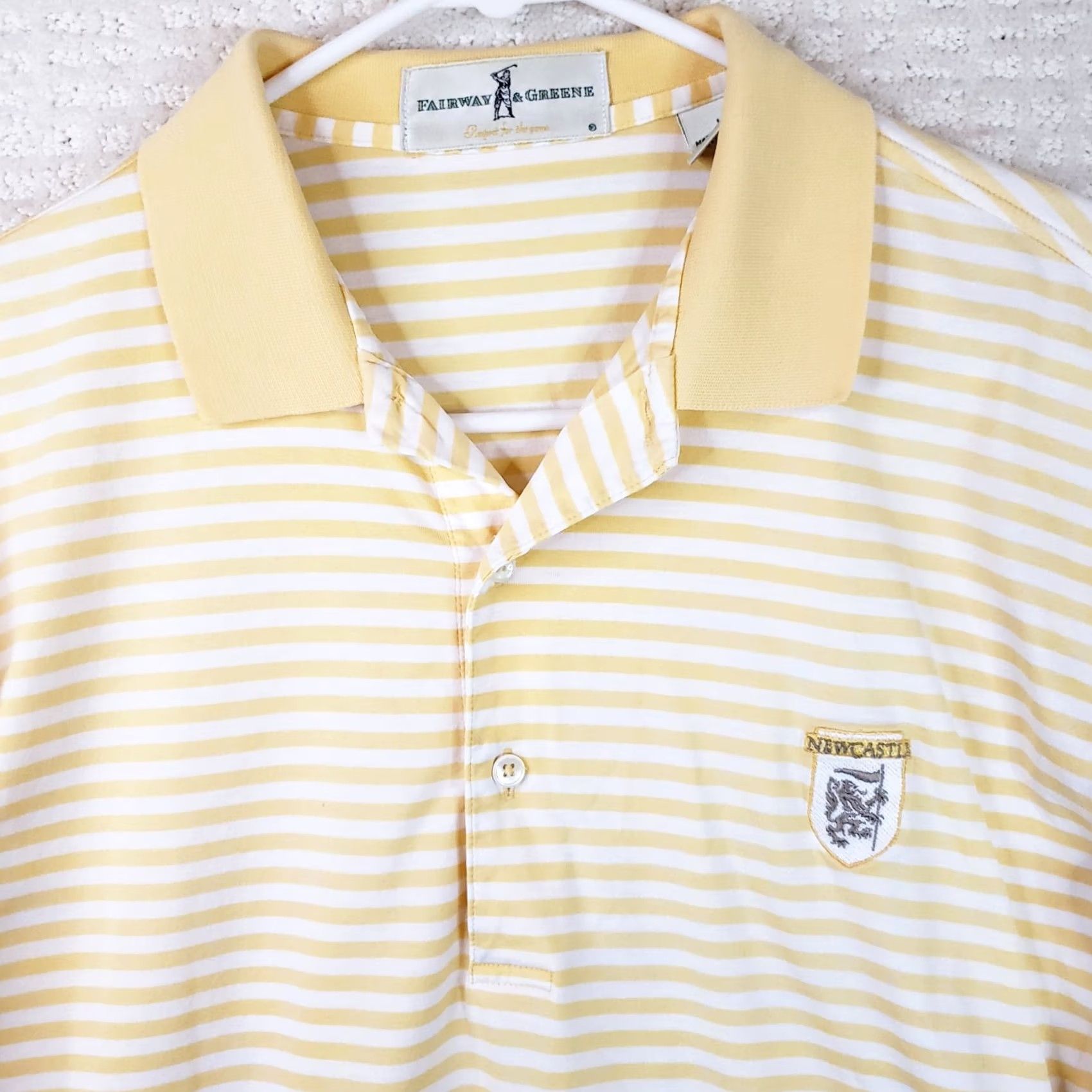 Vintage Fairway & Greene Yellow Striped Short Sleeve Polo Golf Shirt Men's L Newcastle Logo Size US L / EU 52-54 / 3 - 3 Thumbnail