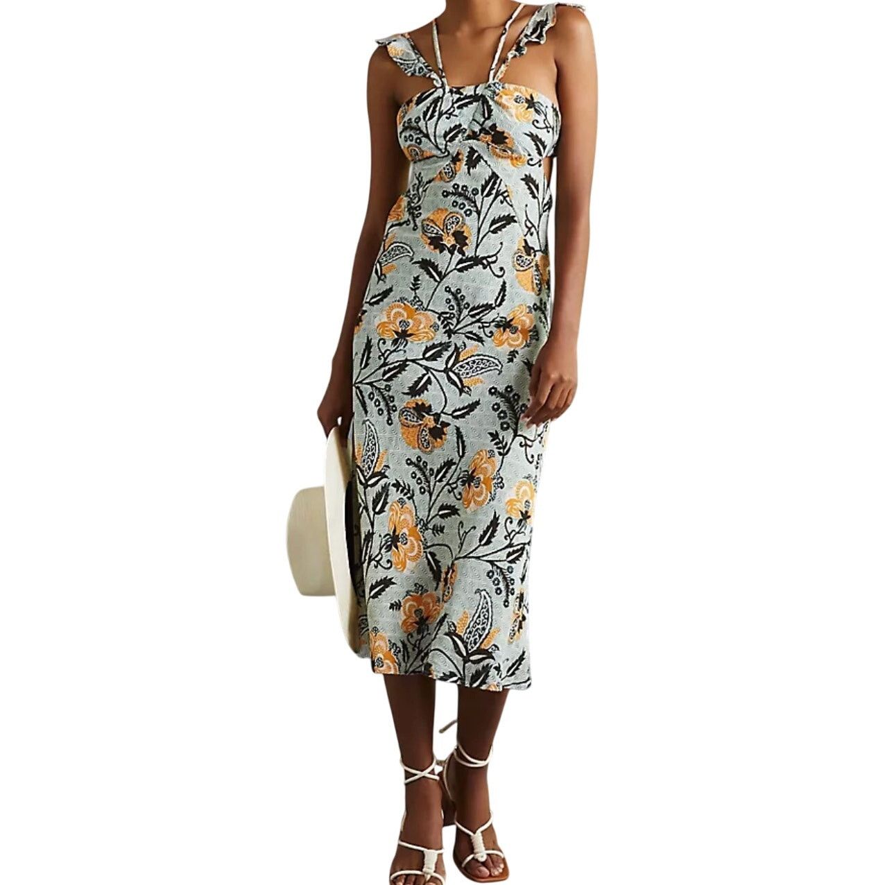 Anthropologie Anthropologie Halter Slim Midi Dress Linen Ruffle Floral ...