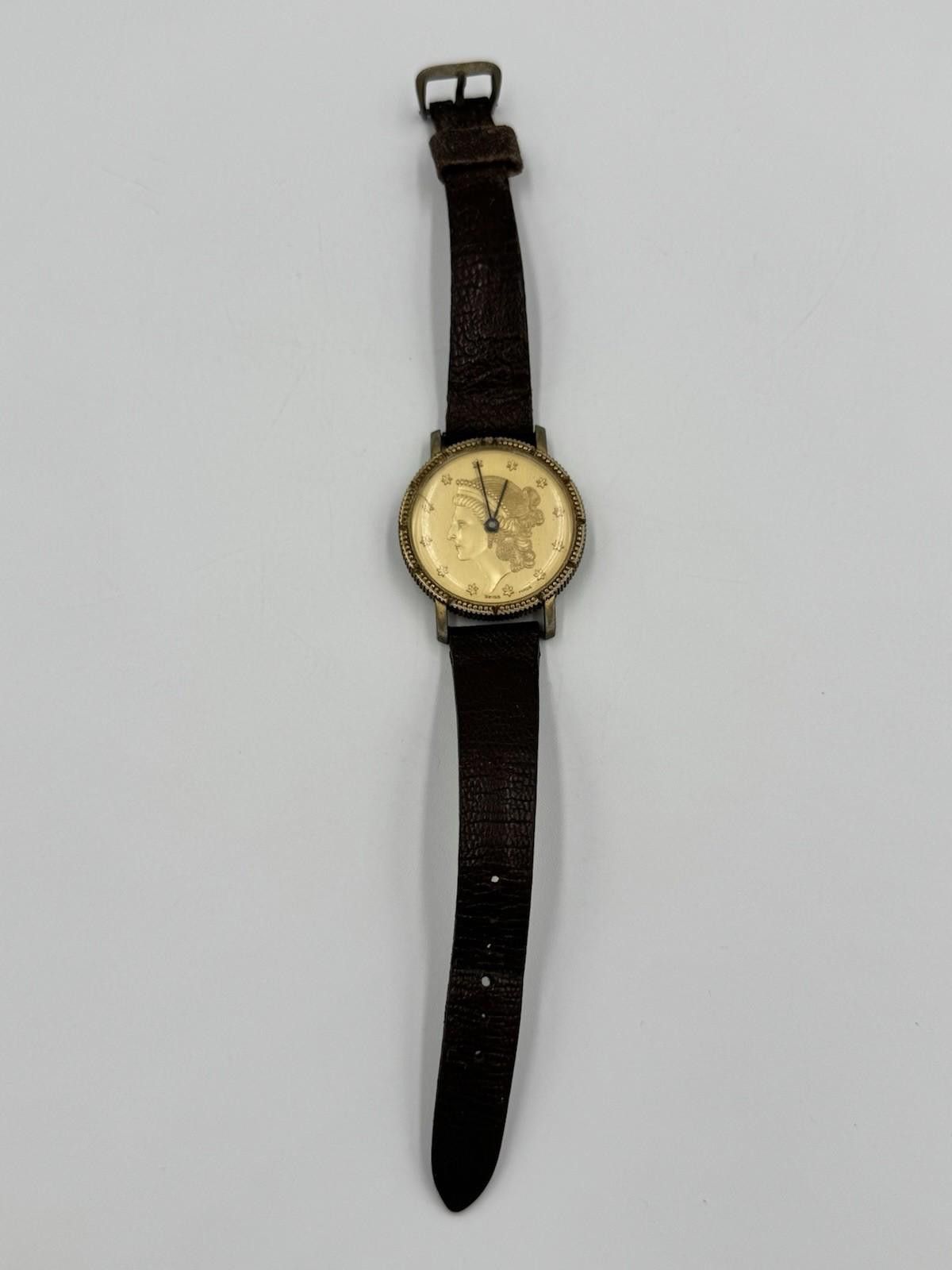 Bluer Denim Buler Swiss Coin-Style Dial Watch Liberty Motif Rare 60s Size ONE SIZE - 6 Thumbnail