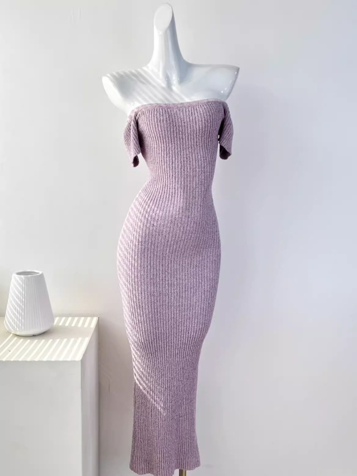 image of Vintage One-Shoulder Solid Color Stretch Knit Slimming Dress in Purple, Women's (Size Medium)
