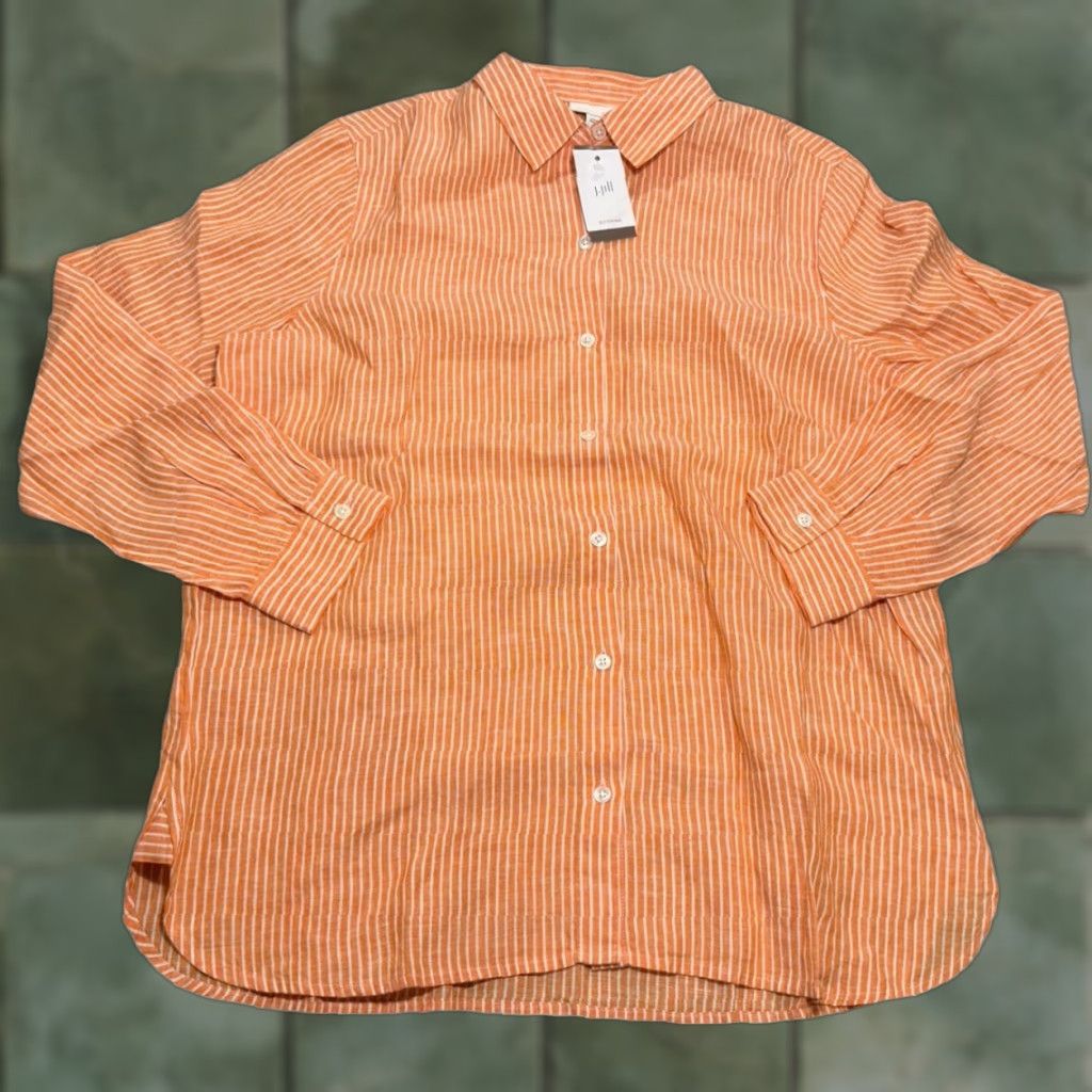 J. Jill J. Jill Shirt Women M Orange Linen Striped Button-Up Long Sleeve Collared Beach Preppy Coastal Womens Size M / US 6-8 / IT 42-44 - 1 Thumbnail