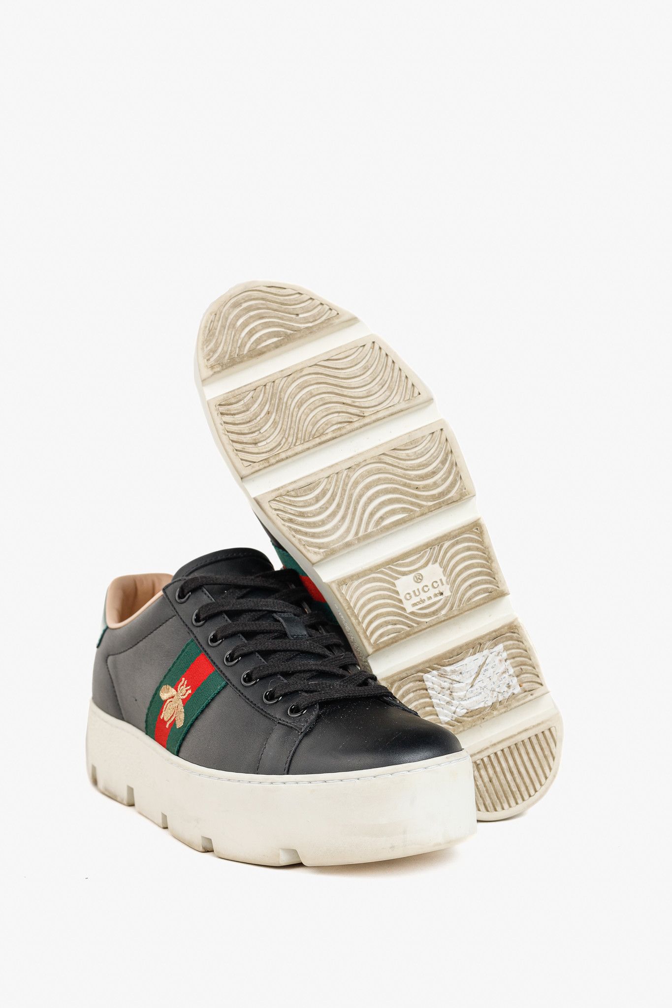 Gucci Gucci Ace Web Gold Bee Black Leather White Platform Sneaker Size US 9.5 / IT 39.5 - 4 Thumbnail