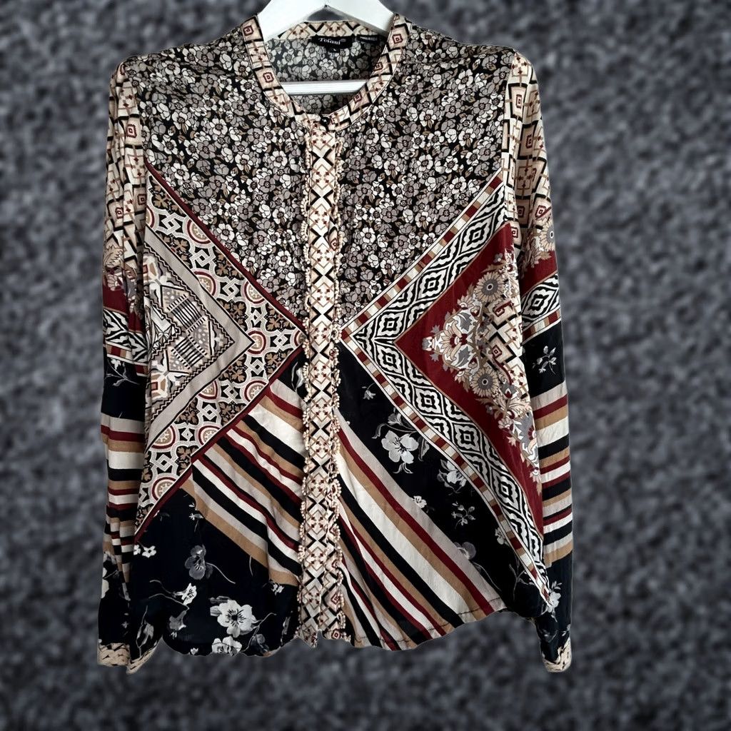 IOLANI Tolani Womens Silk Shirt Top Large Brown Black Casual Long-Sleeve Mixed Print Size L / US 10 / IT 46 - 1 Thumbnail