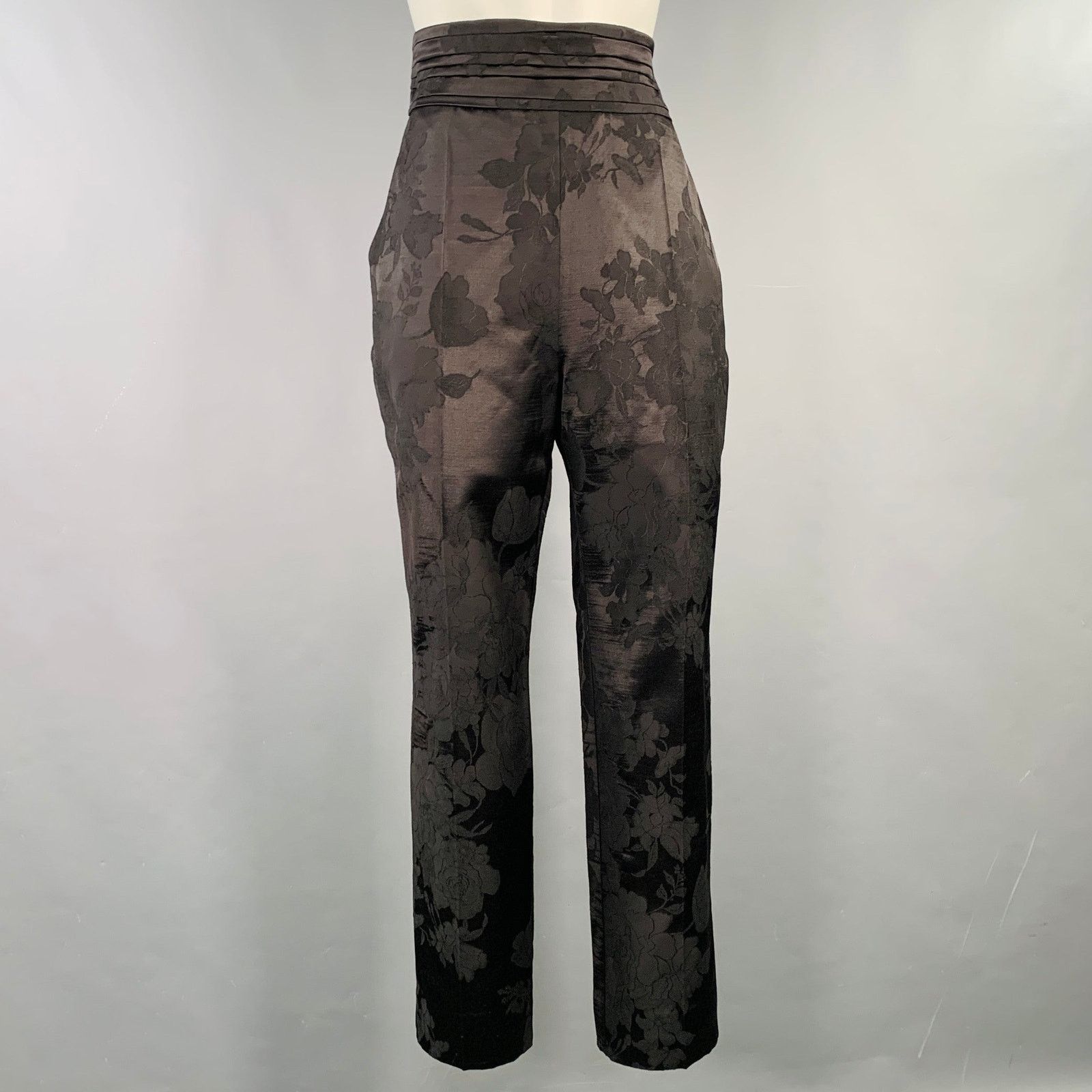 Erdem Helga Black Wool Blend Floral Flat Front Dress Pants Size 30" / US 8 / IT 44 - 1 Thumbnail