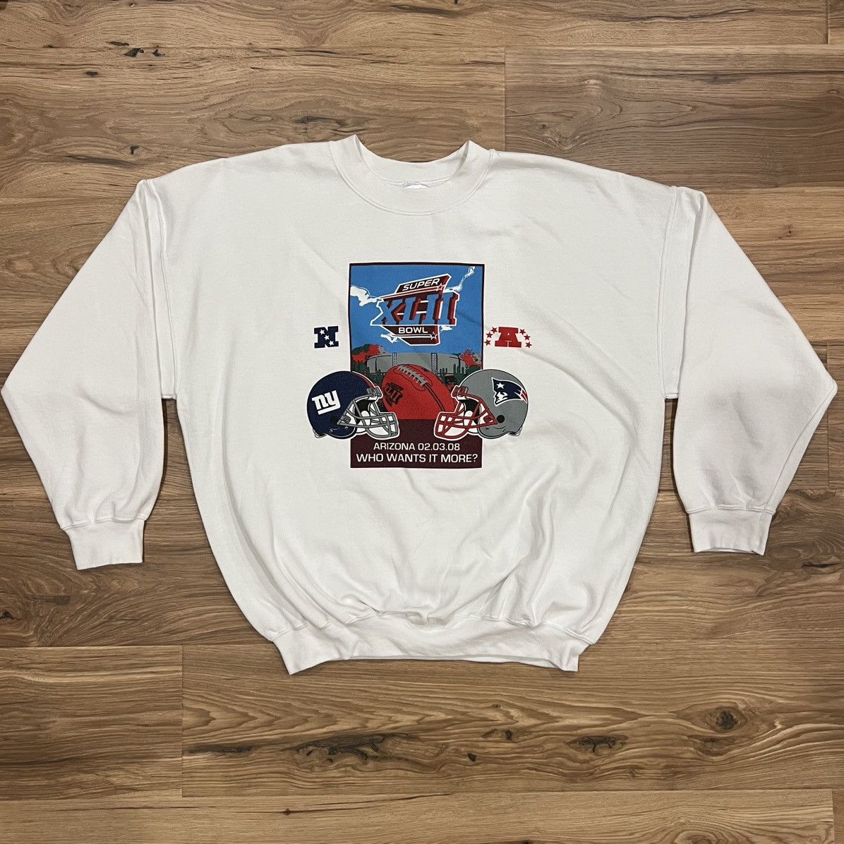 Gildan Super Bowl XLII Giants Patriots White 2XL Crewneck Sweater Size US XXL / EU 58 / 5 - 2 Thumbnail