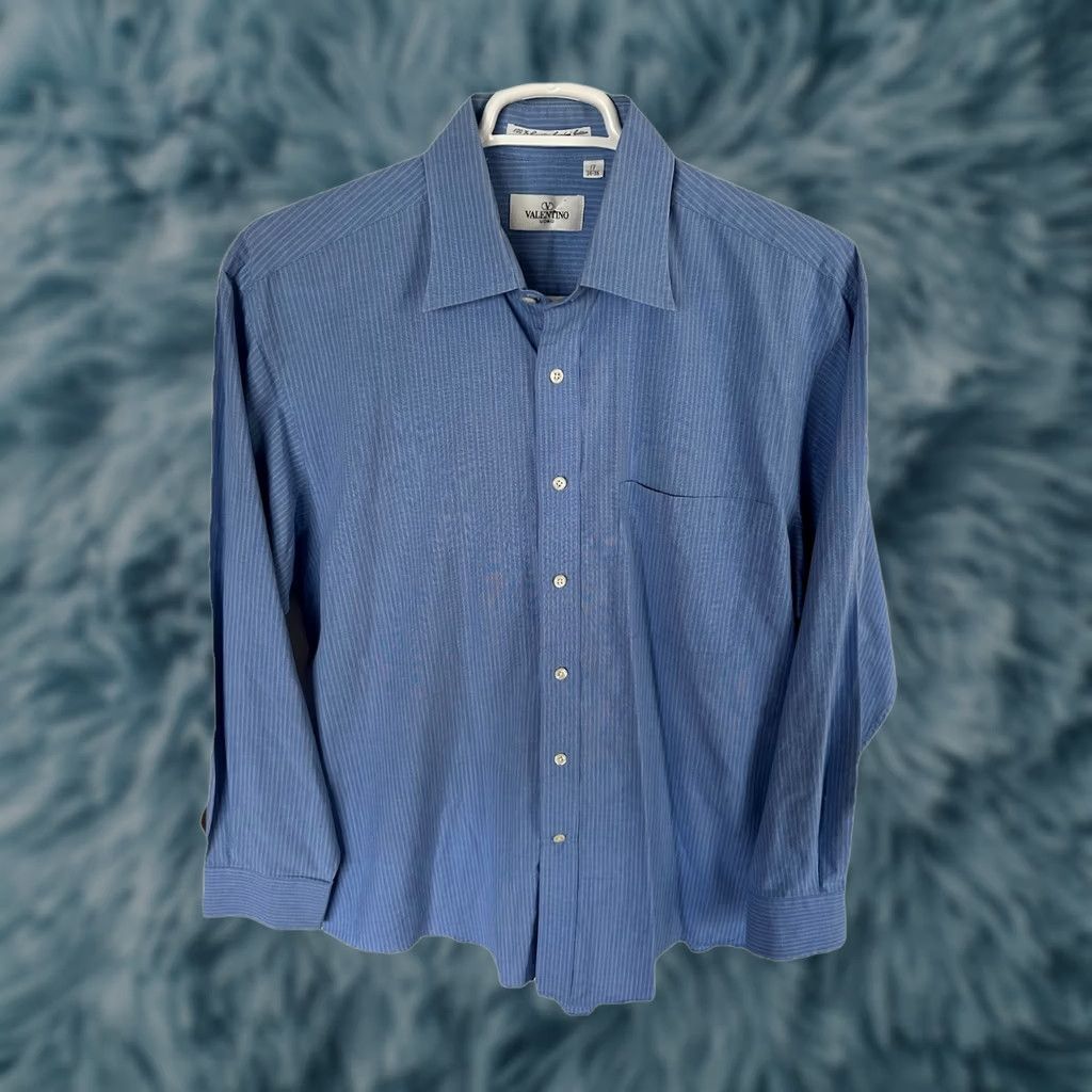 Valentino VINTAGE Valentino Pinstripe Button-Down Dress Shirt 80s Men’s Blue 100% Cotton Size 17.5 Mens Size 48R - 1 Thumbnail