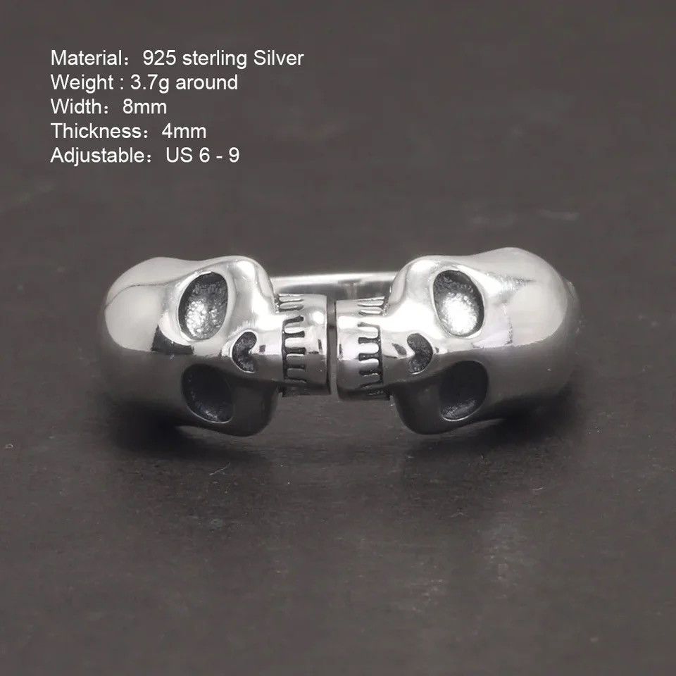 Jewelry × Sterling Silver 925 Sterling Silver Double Head Skull Vintage Thai Ring Size ONE SIZE - 3 Thumbnail