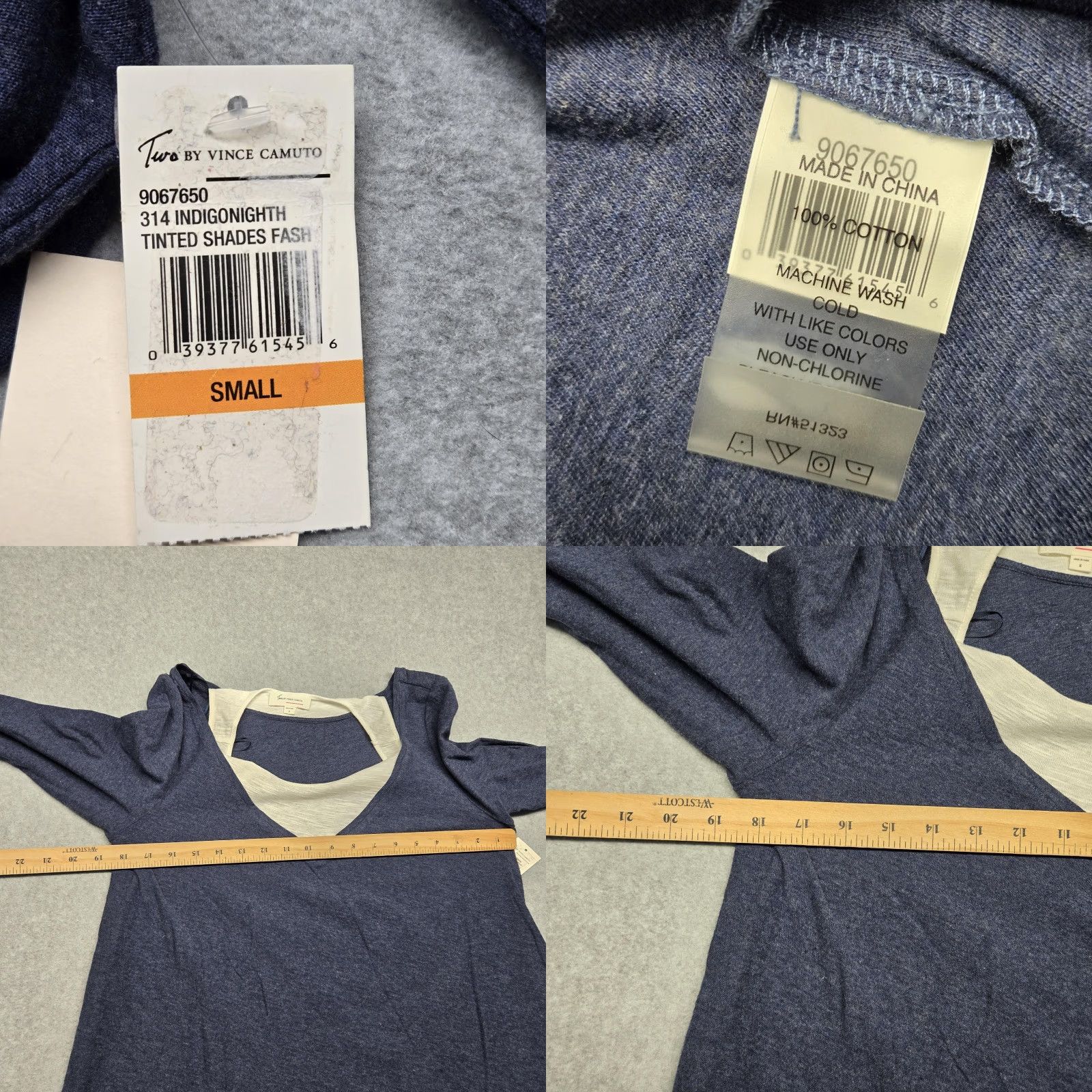 Vince Camuto Vince Camuto Womens Tunic Top Indigo Layered V Neck 3/4 Sleeve Twofer T-Shirt Navy White Inset Small Size S / US 4 / IT 40 - 8 Thumbnail