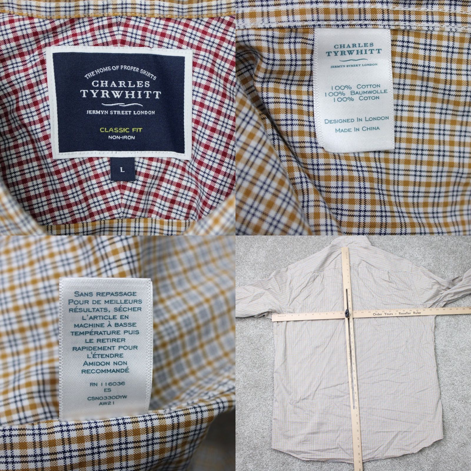 Charles Tyrwhitt Charles Tyrwhitt Shirt Mens Large Beige Blue Red Check Button-Down Long Sleeve Slim Classic Fit Built-In Non-Iron Size US L / EU 52-54 / 3 - 8 Thumbnail