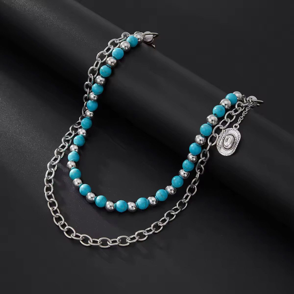 Jewelry Beaded Chain Belt with Silver Accents - Turquoise & Silver | Size ONE SIZE - 6 Thumbnail