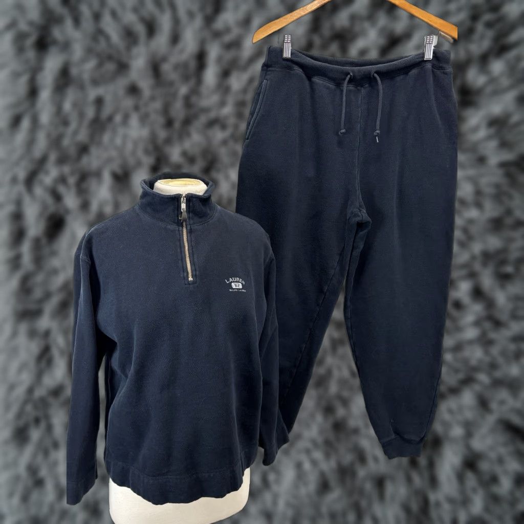 Ralph Lauren VINTAGE Lauren Ralph Lauren 2 Pc Jogging Outfit Shirt Pants Set Womens PS Petite Navy Pullover Mock Neck 1/4 Zip Comfort Easy Care Size S / US 4 / IT 40 - 1 Thumbnail