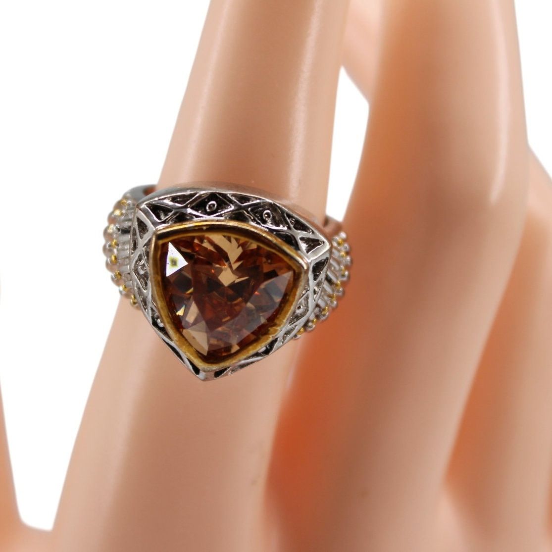 Other Big Statement Ring Simulated Citrine Triangle Silvertone Size ONE SIZE - 4 Thumbnail
