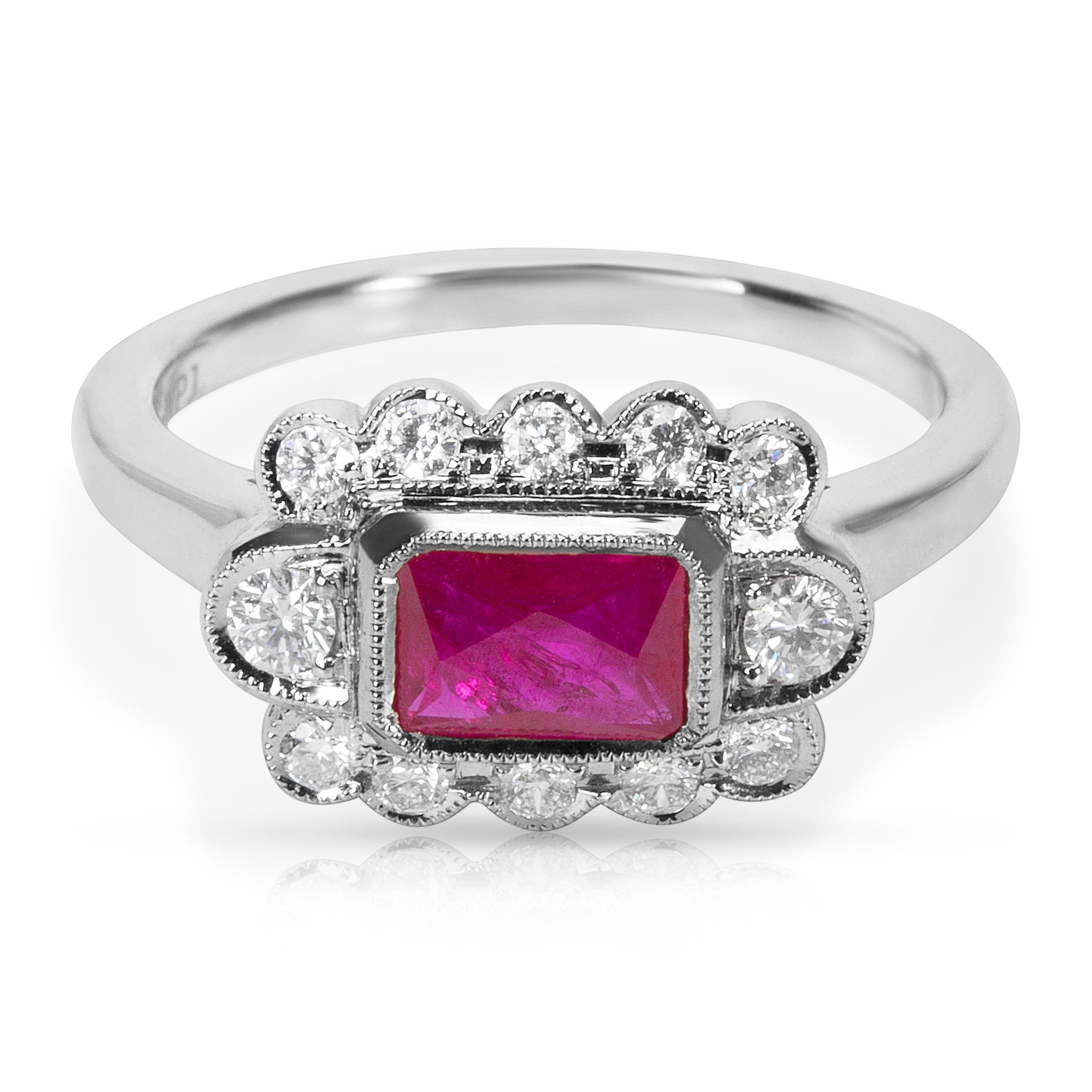 image of Tiffany Co Diamond And Ruby Vintage Ring In 18K White Gold (0.27 Ctw), Women's