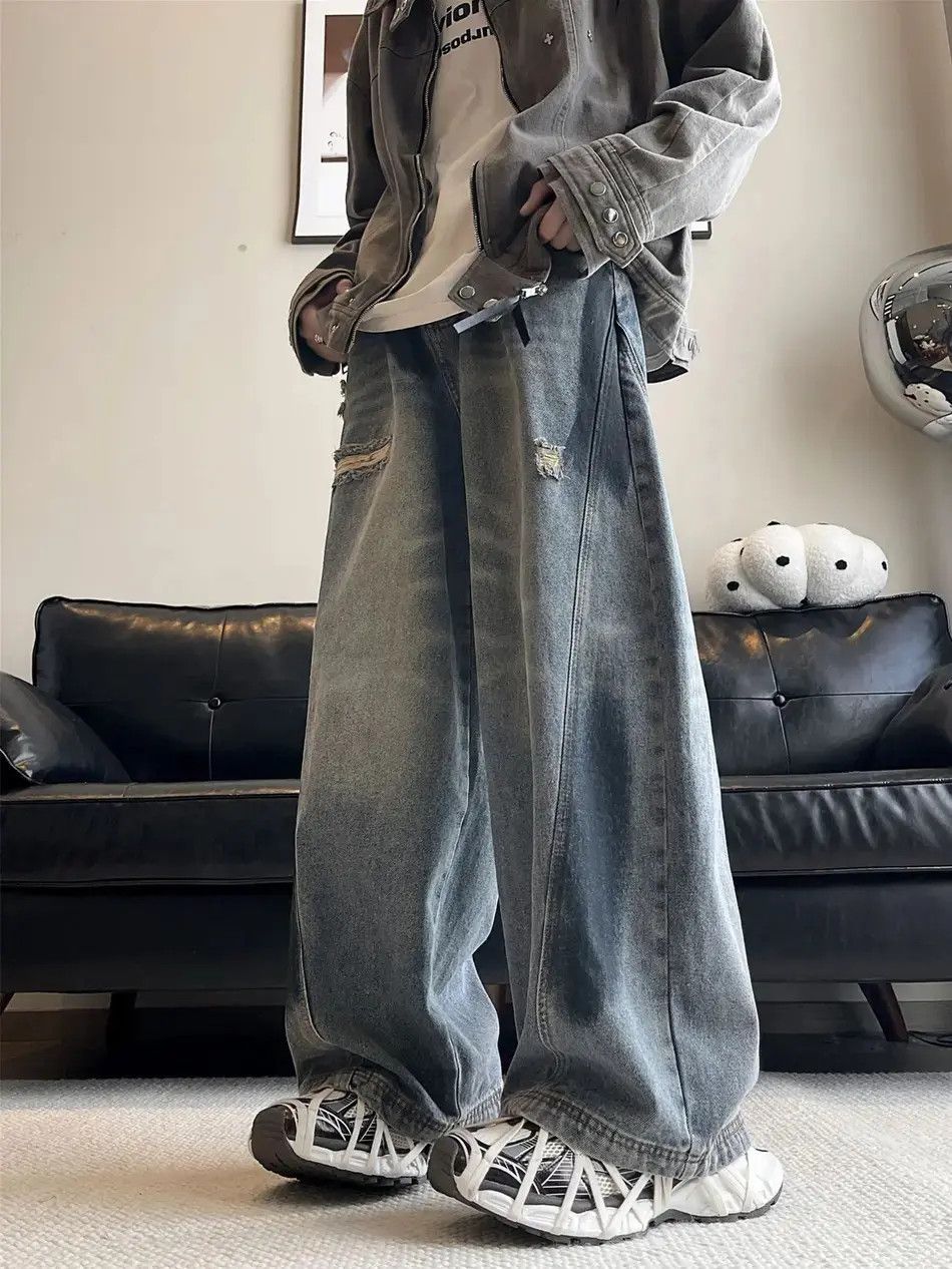 Japanese Brand Retro loose washed wide leg ripped jeans Size US 32 / EU 48 - 1 Thumbnail