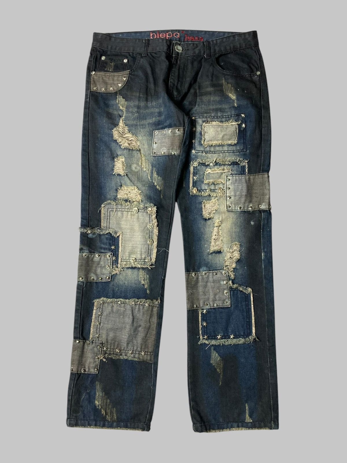 If Six Was Nine × Japanese Brand × Le Grande Bleu (L.G.B.) BIEPA Patchwork Distressed Studded Skull Punk Design Jeans Size US 35 - 1 Thumbnail