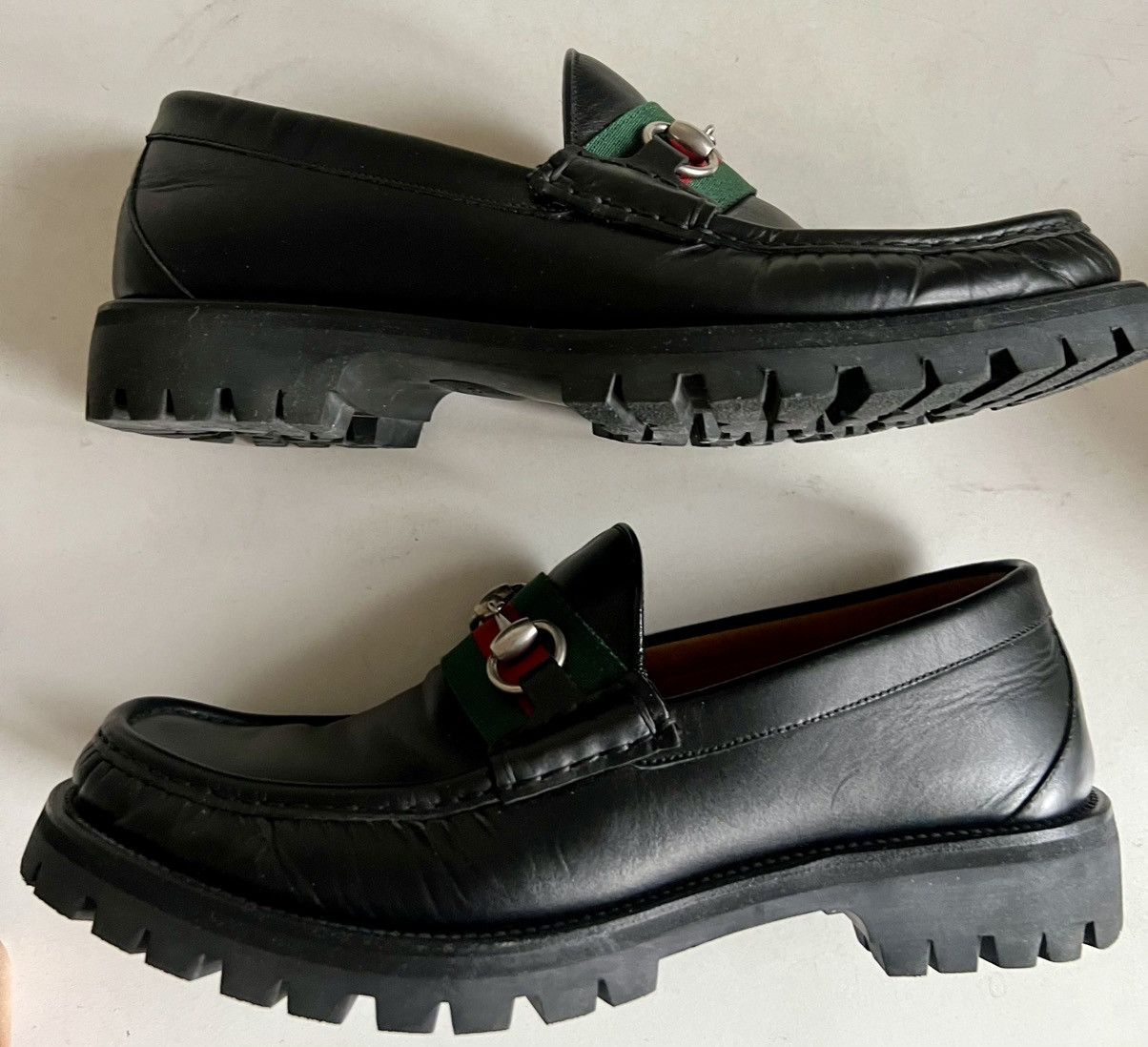 Gucci Gucci Black Leather Horsebit Web Lug Sole Loafer Men Sz US10 Size US 9.5 / EU 42-43 - 8 Thumbnail