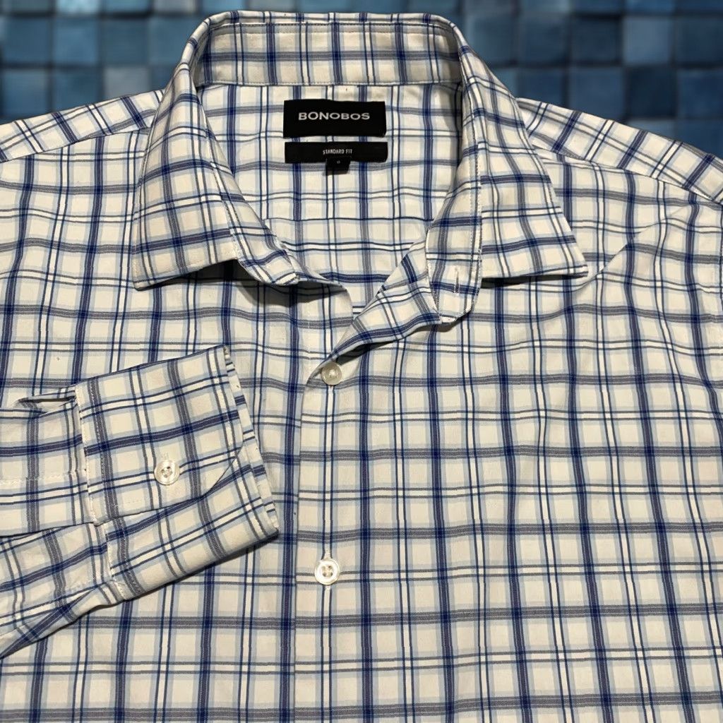 Bonobos Bonobos Mens Large Shirt Blue Plaid Check Long Sleeve Button-Front Nylon Size US L / EU 52-54 / 3 - 1 Thumbnail