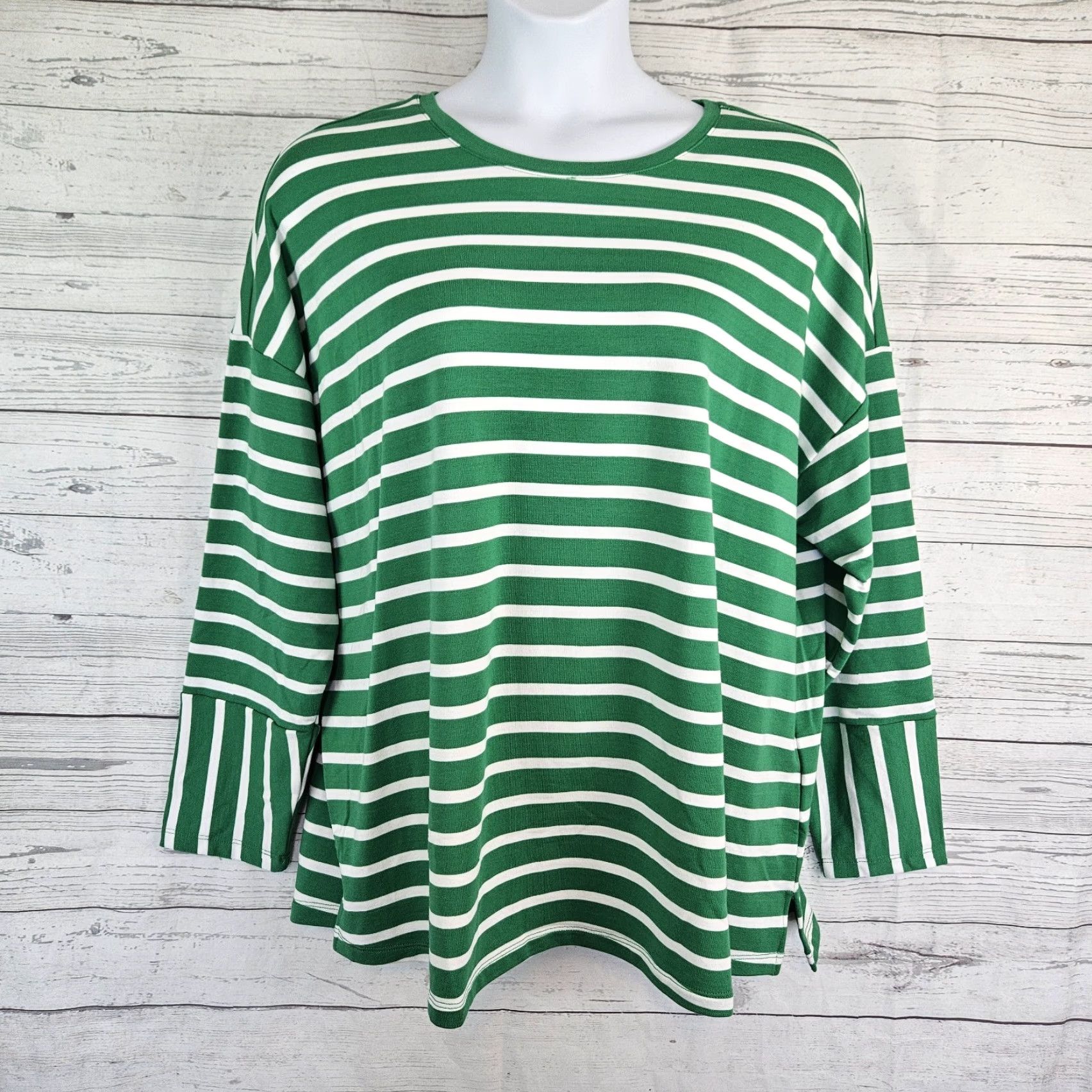 Vintage d&co Active Womens Top T-Shirt 2X Green White Stripe Long Sleeve Cotton Blend Shirt Women Size XXL / US 16-18 / IT 52-54 - 2 Thumbnail