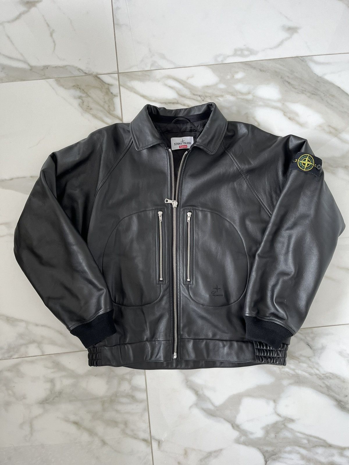 Supreme x Stone island leather bomber jacket black FW23
