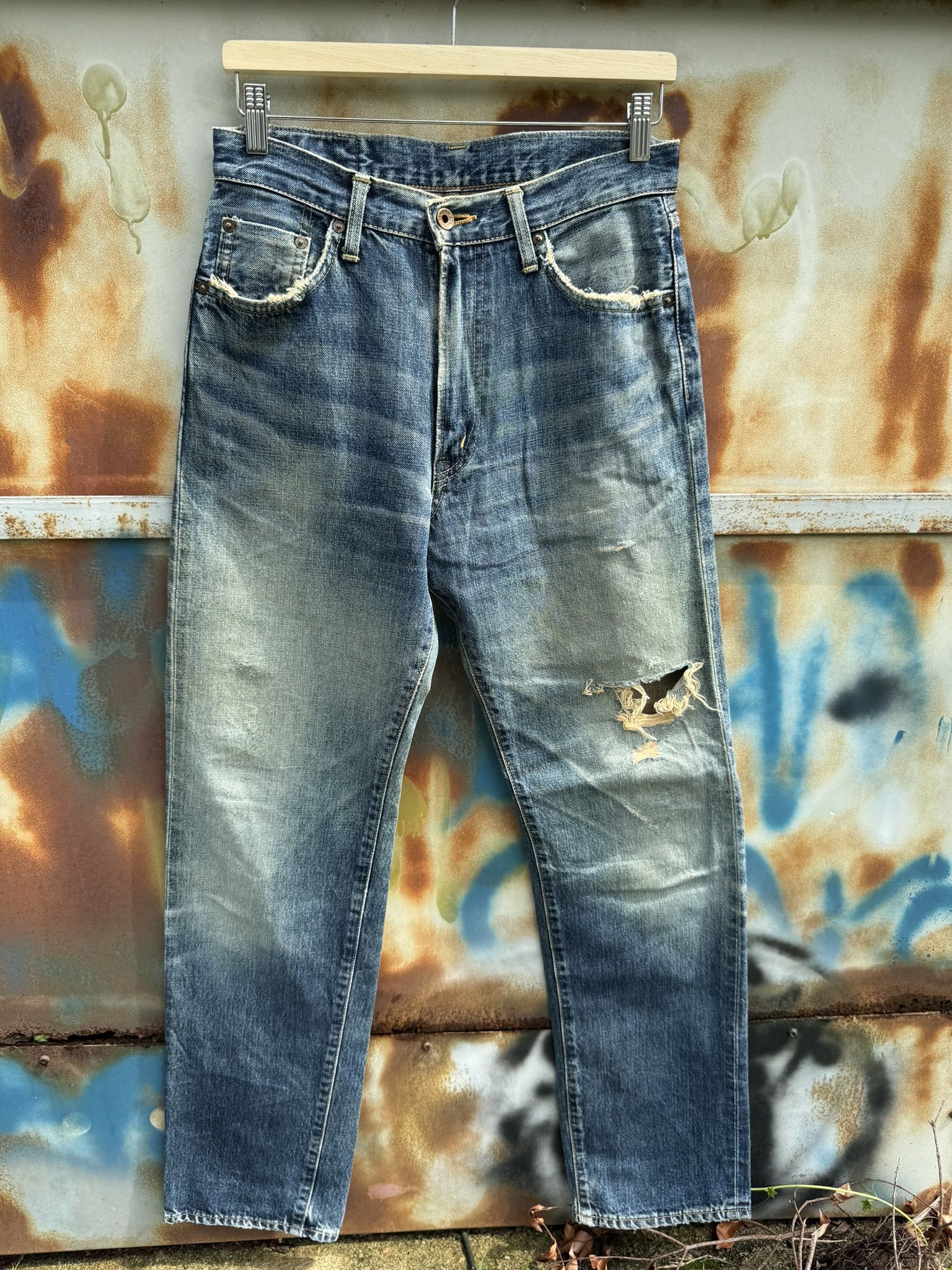 image of Distressed Denim x Edwin Vintage Edwin 505Xx Zipper Selvadge Redline Jeans Sun Faded in Dark Rust I
