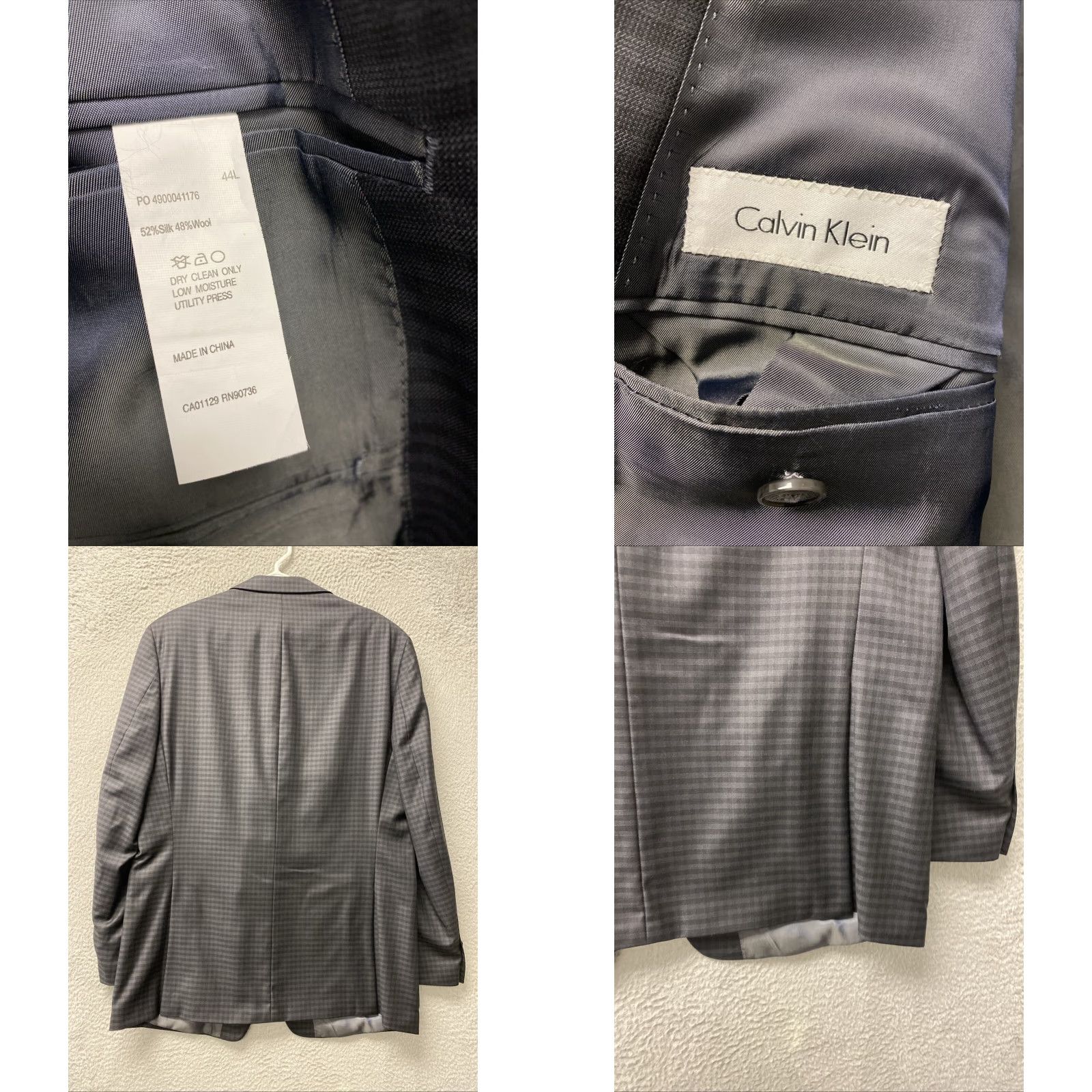 Calvin Klein Calvin Klein Men’s Gray Suit Jacket Blazer Sport Coat 44L Check Wool Blend Long Two-Button Notch Single-Breasted Regular Mens Size 44R - 8 Thumbnail