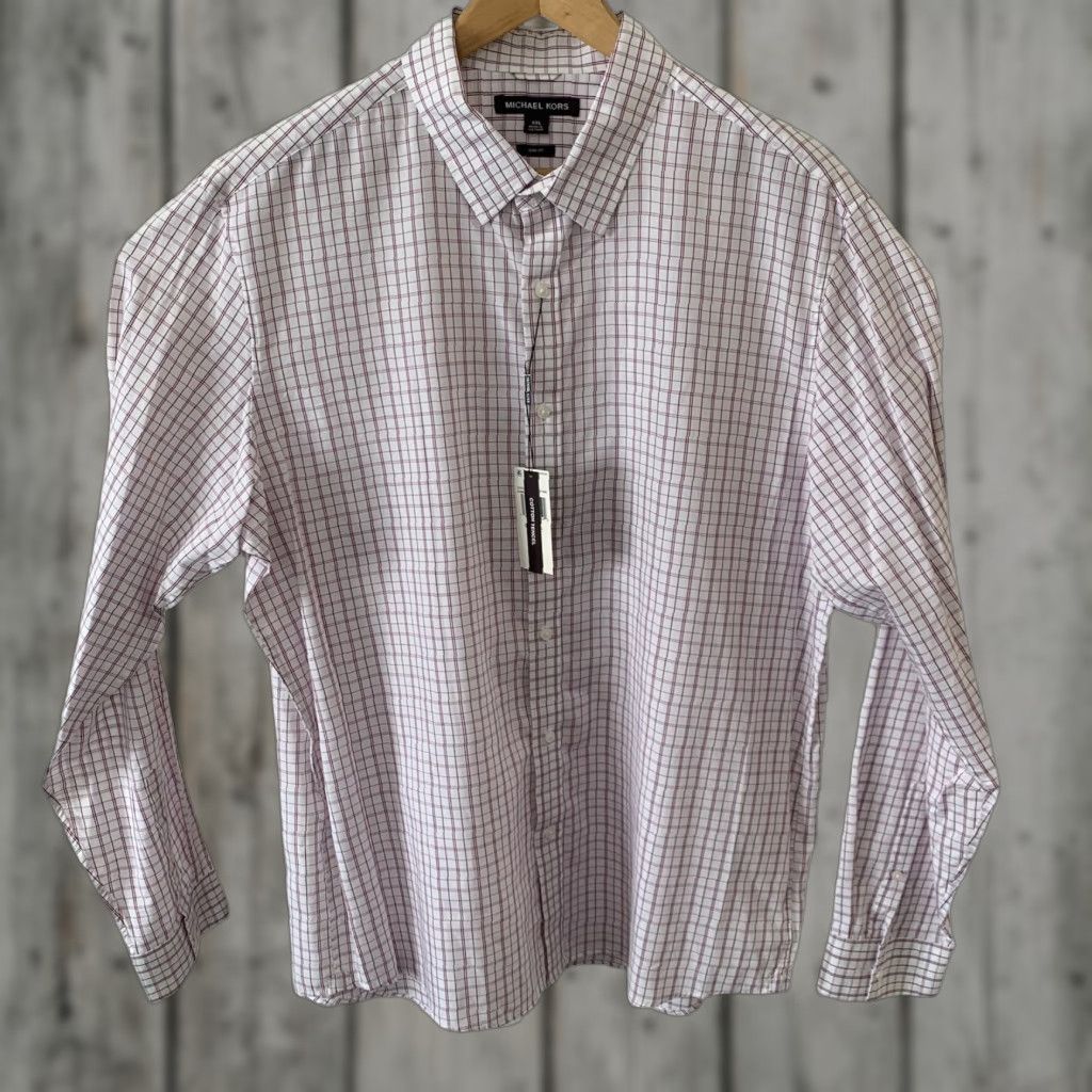 Michael Kors Michael Kors Shirt Mens XXL Slim-Fit Long Sleeve Grid Lines Deep Wine Red Plaid Button-Up Casual Business Women? No—Men. Size US XXL / EU 58 / 5 - 1 Thumbnail